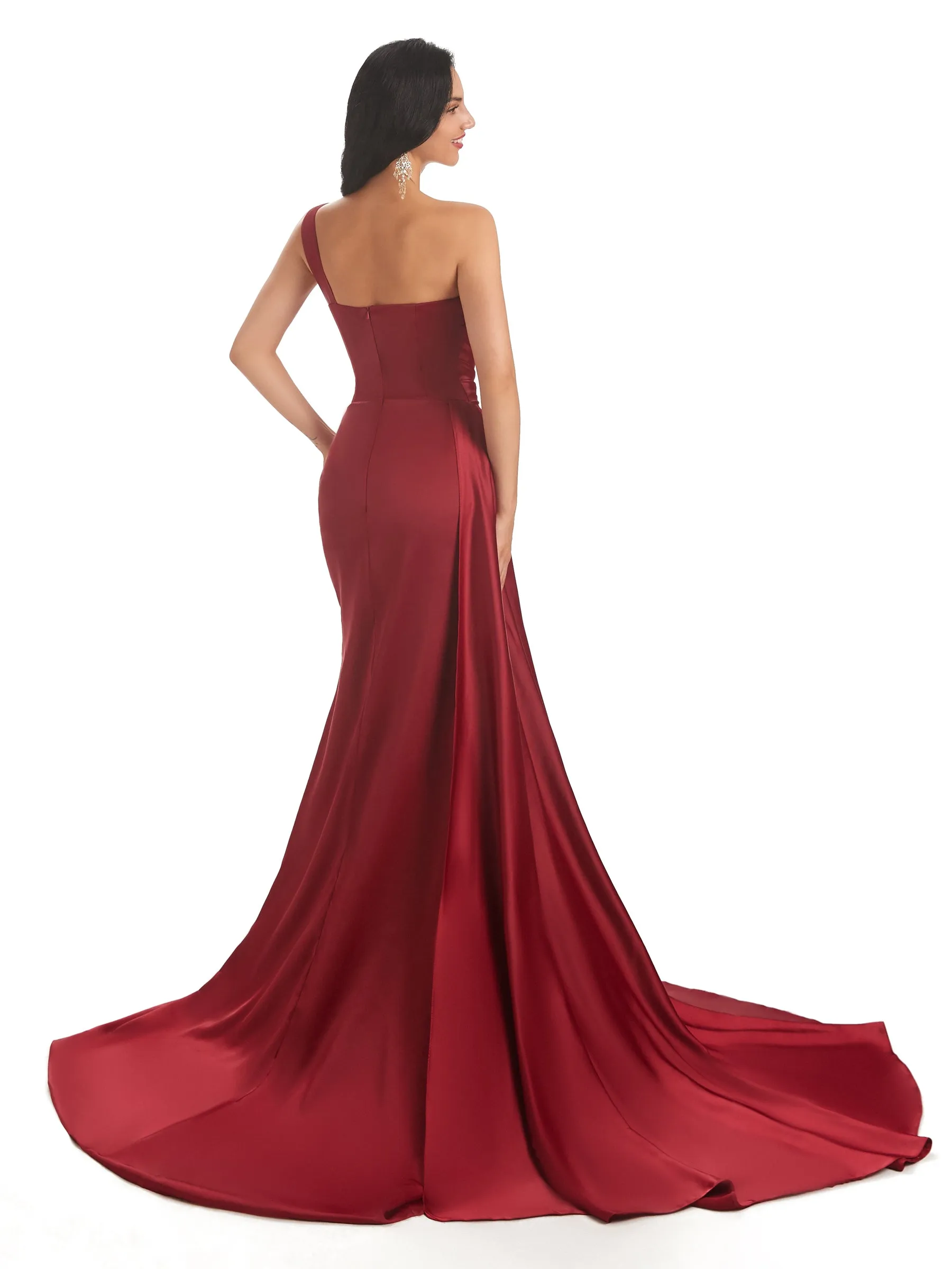 Sexy Side Slit One Shoulder Mermaid Maxi Long Soft Satin Wedding Guest Dresses On Sale sold by ChicSew product image thumbnail 3