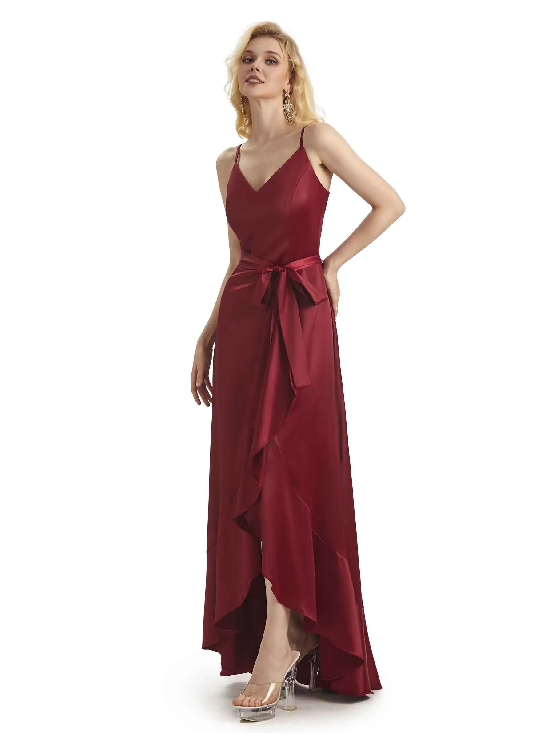 Elegant High Low V-neck Satin Formal Evening Dresses For Women Online sold by ChicSew product image thumbnail 4