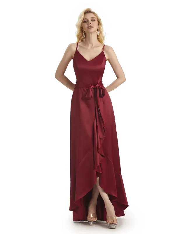 Elegant High Low V-neck Satin Formal Evening Dresses For Women Online sold by ChicSew