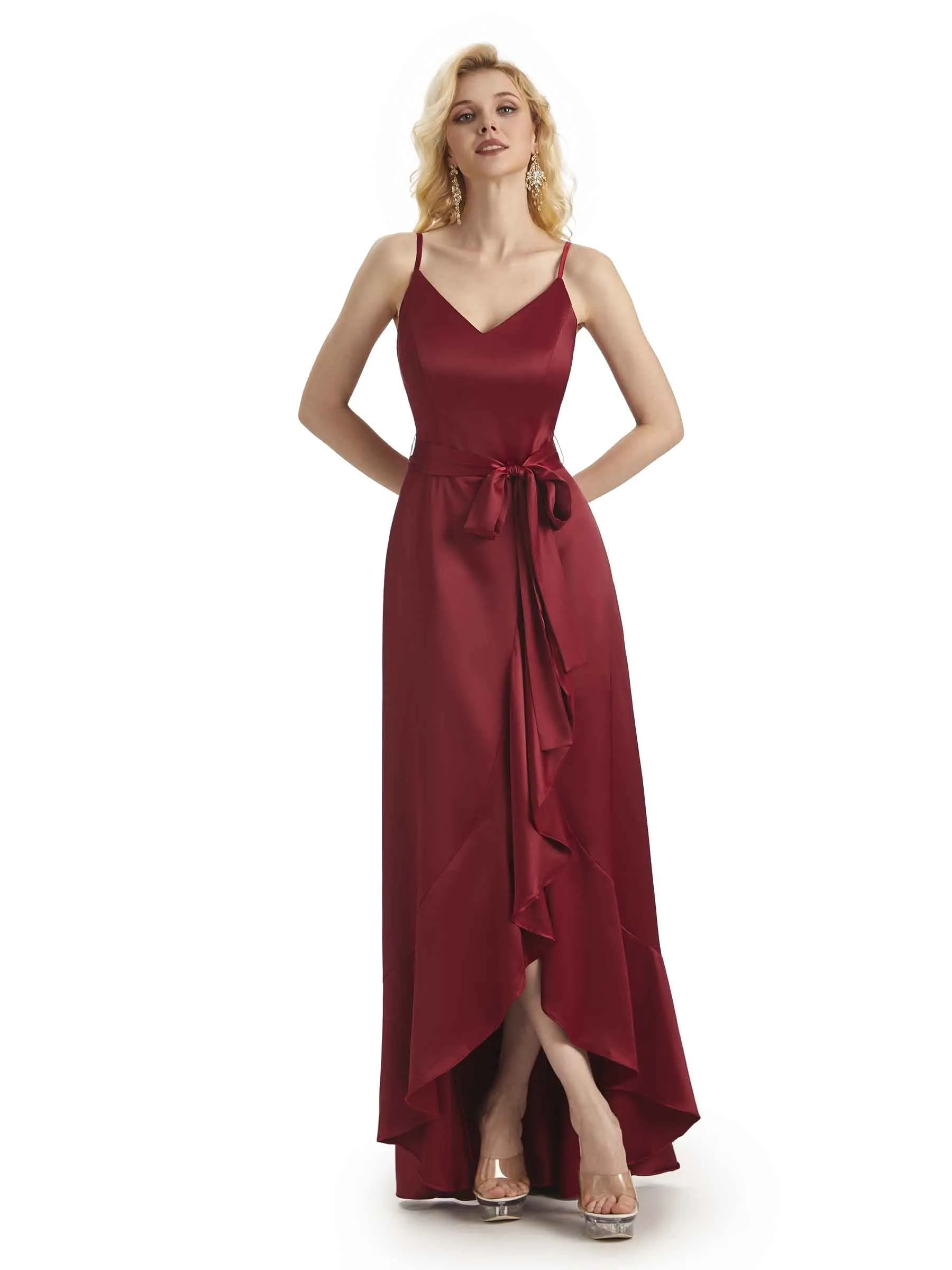 Elegant High Low V-neck Satin Formal Evening Dresses For Women Online sold by ChicSew