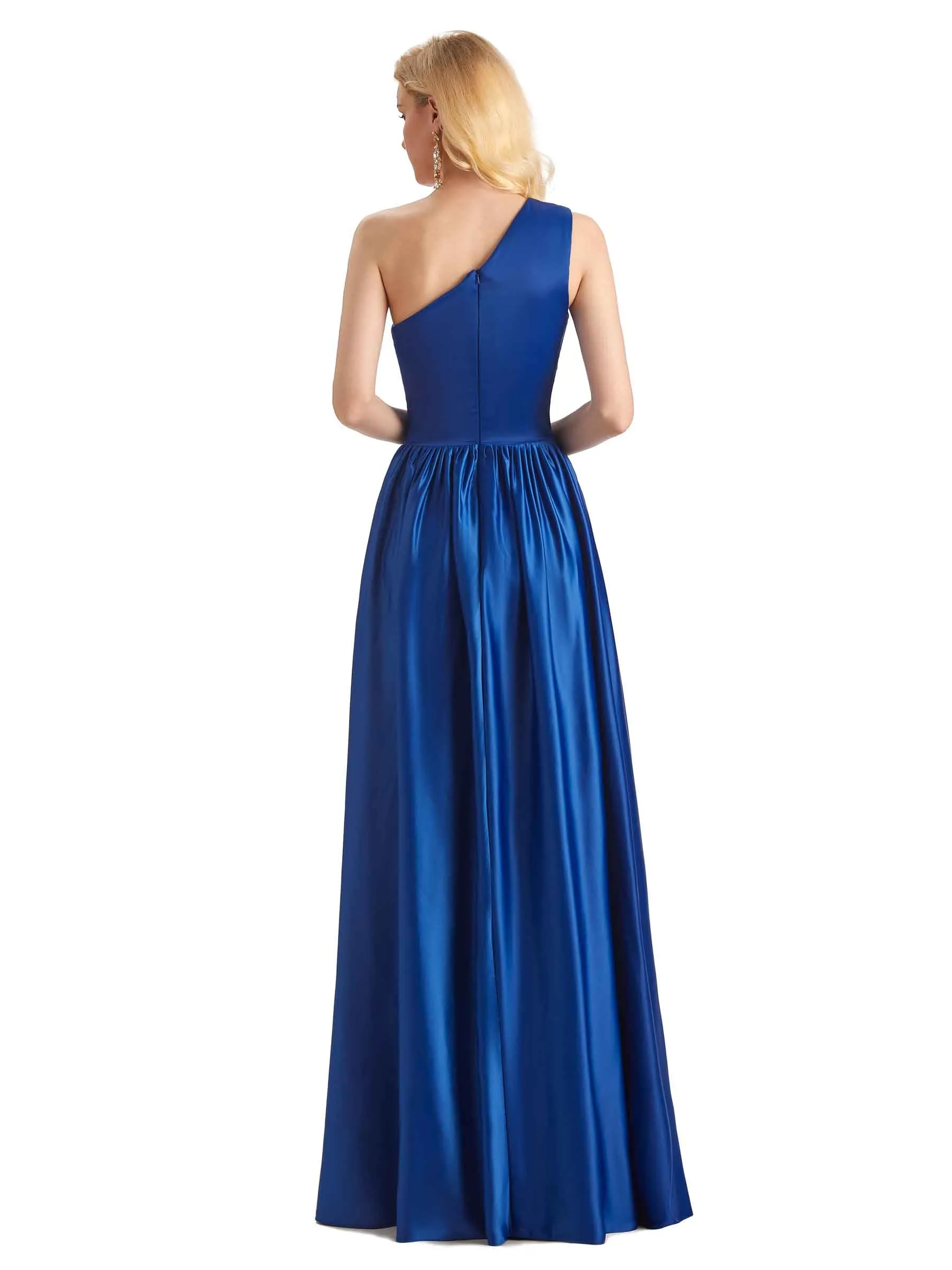 Elegant One Shoulder Side Slit Soft Satin Long Wedding Guest Dresses sold by ChicSew product image thumbnail 3