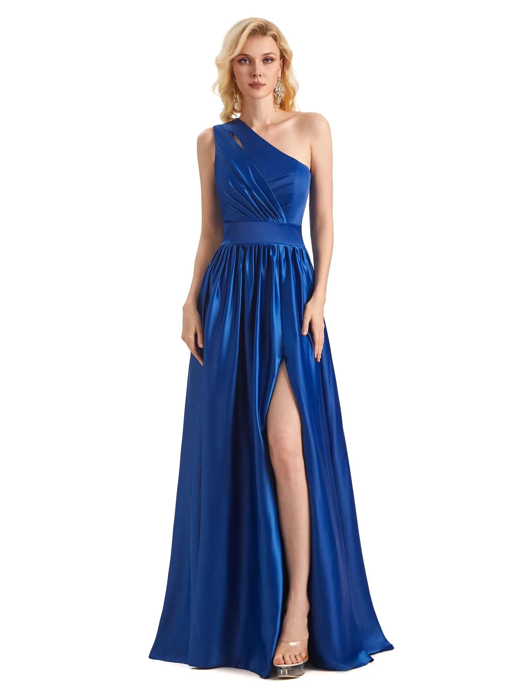 Elegant One Shoulder Side Slit Soft Satin Long Wedding Guest Dresses sold by ChicSew