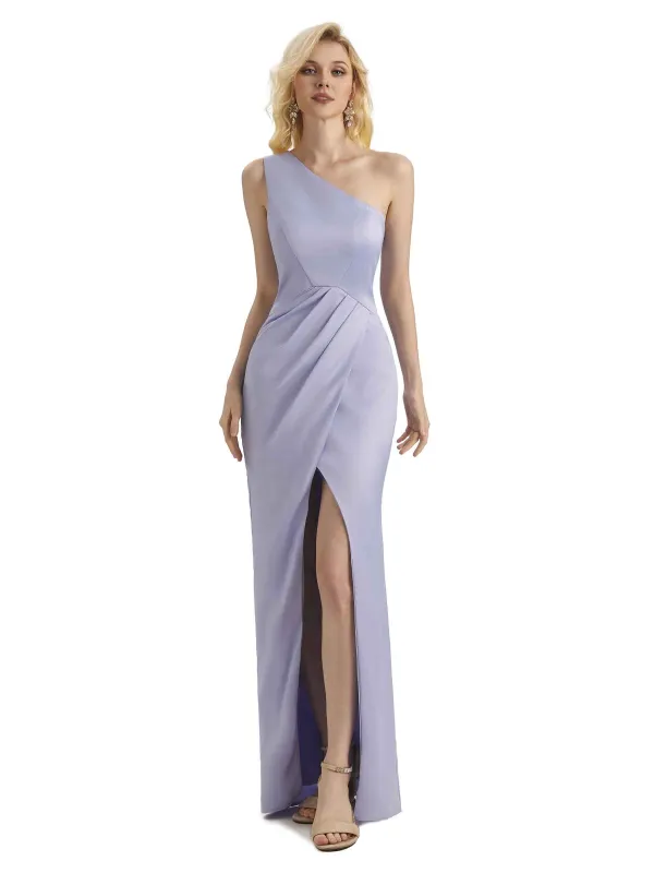 Sexy Soft Satin Split One Shoulder Long Mermaid Wedding Guest Dresses Online sold by ChicSew