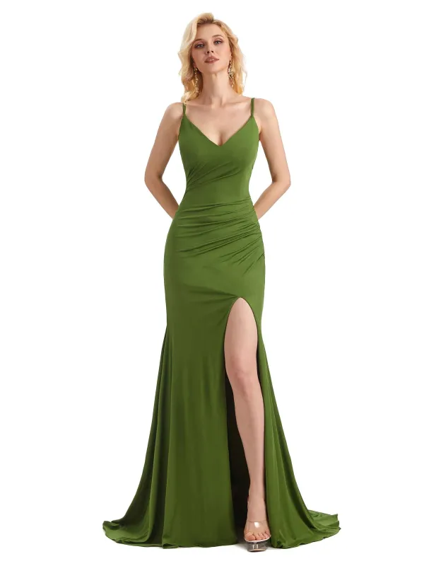 Sexy Mermaid Side Slit Stretchy Jersey Long Formal Bridesmaid Dresses Online sold by ChicSew