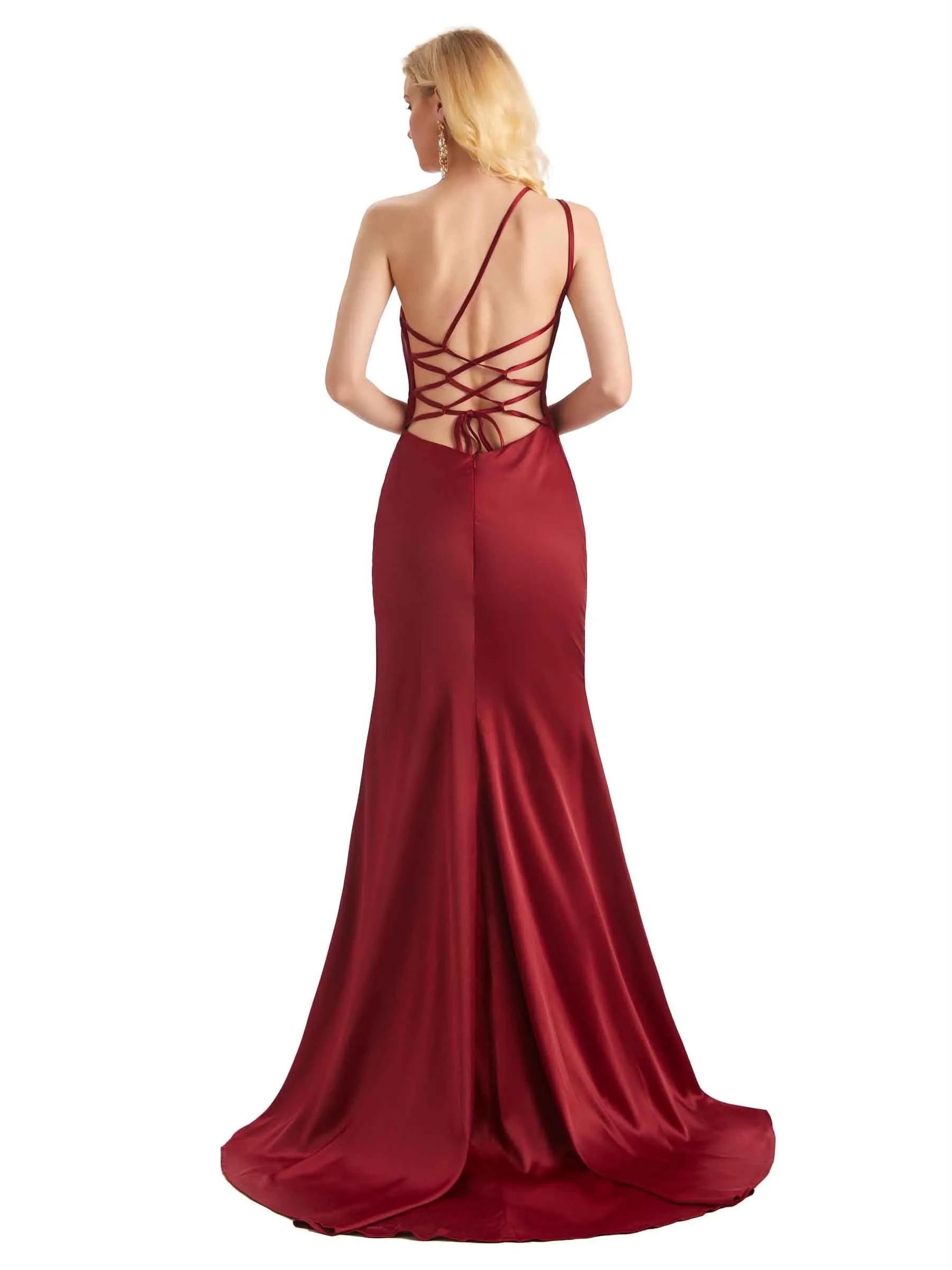 Sexy Soft Satin Side Slit One Shoulder Long Mermaid Wedding Guest Dresses sold by ChicSew product image thumbnail 3