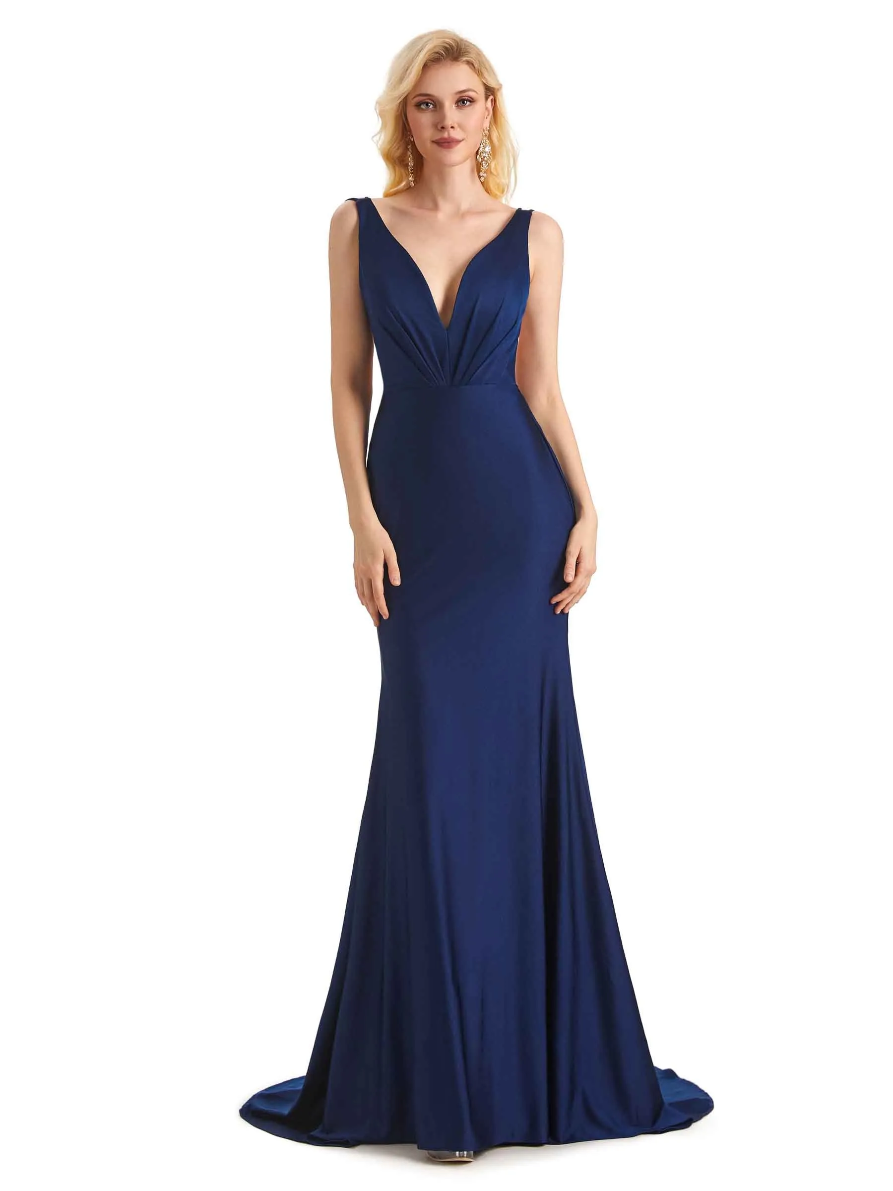 Sexy Backless Mermaid V-Neck Stretchy Jersey Long Formal Bridesmaid Dresses Online sold by ChicSew