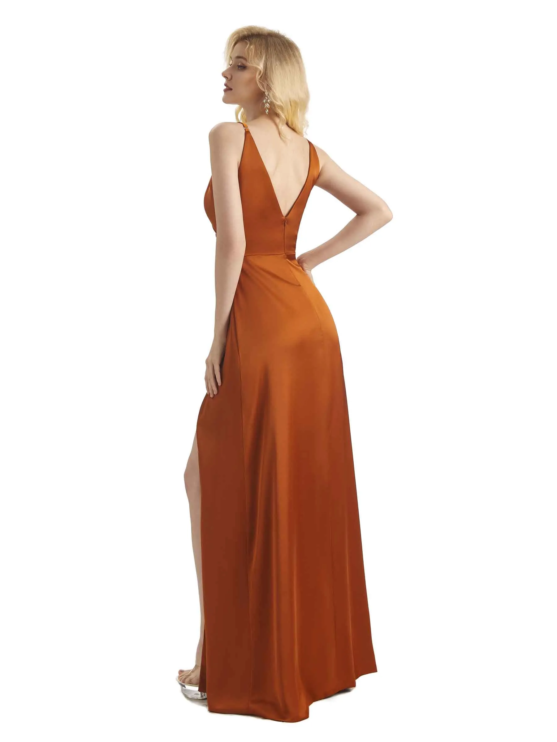 Simple Soft Satin Side Slit V-neck Wrap Formal Long Bridesmaid Dresses Online sold by ChicSew product image thumbnail 5