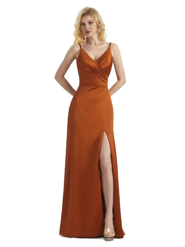 Simple Soft Satin Side Slit V-neck Wrap Formal Long Bridesmaid Dresses Online sold by ChicSew