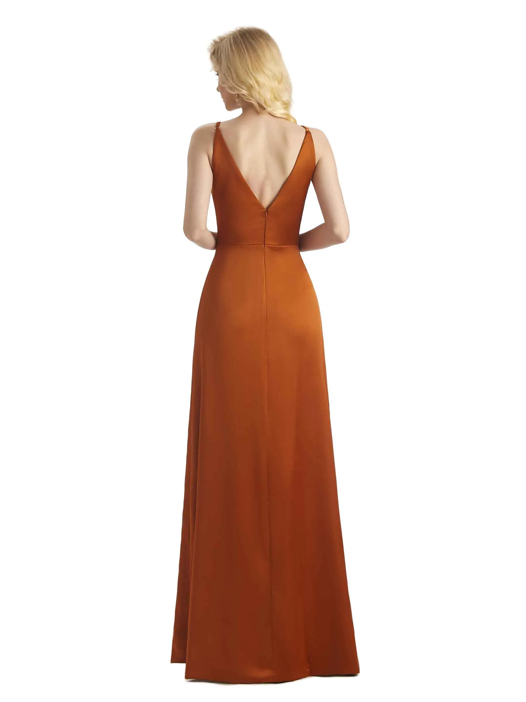 Simple Soft Satin Side Slit V-neck Wrap Formal Long Bridesmaid Dresses Online sold by ChicSew product image thumbnail 3