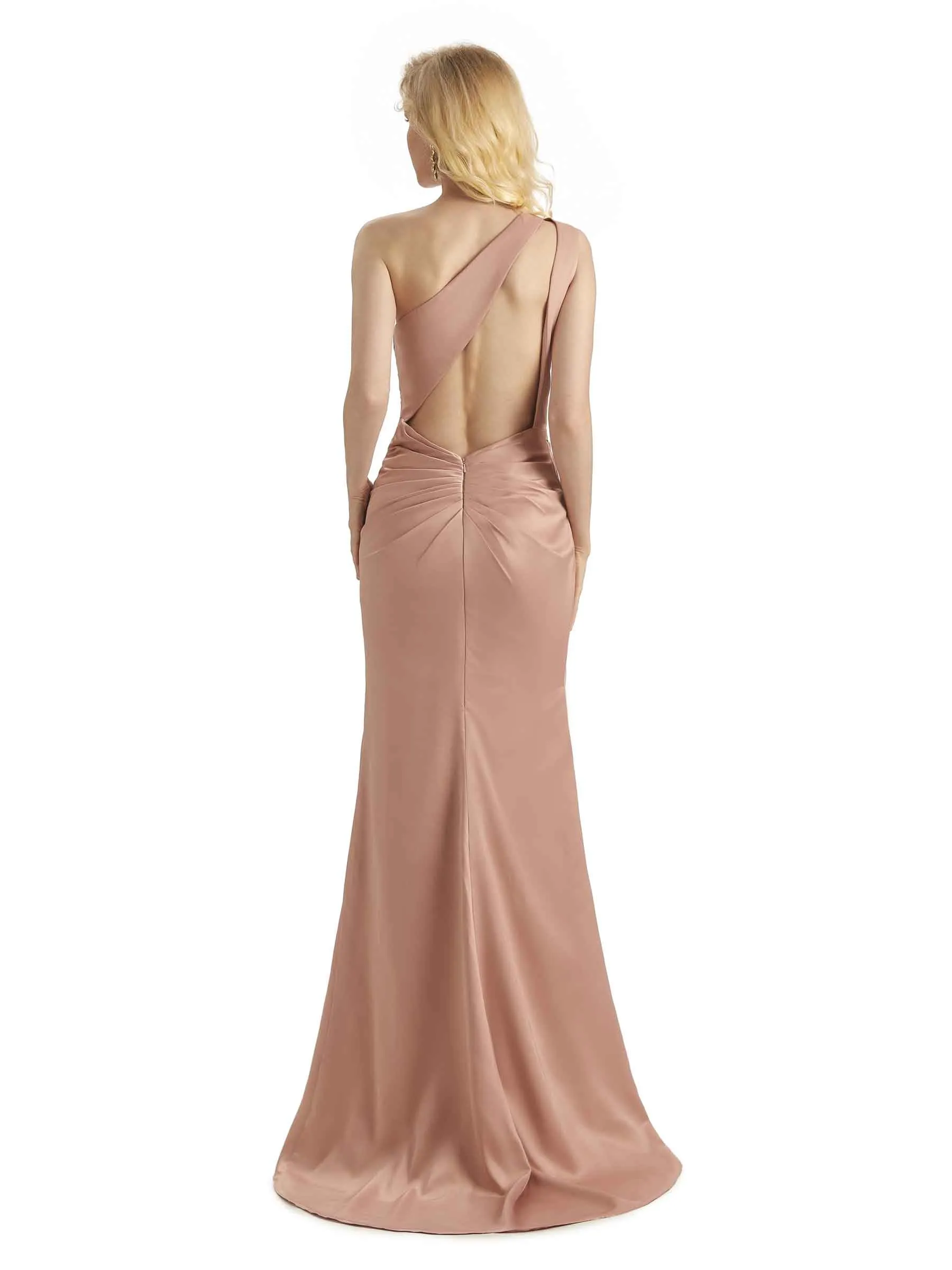 Sexy Soft Satin Side Slit One Shoulder Long Mermaid Bridesmaid Dresses Online sold by ChicSew product image thumbnail 3