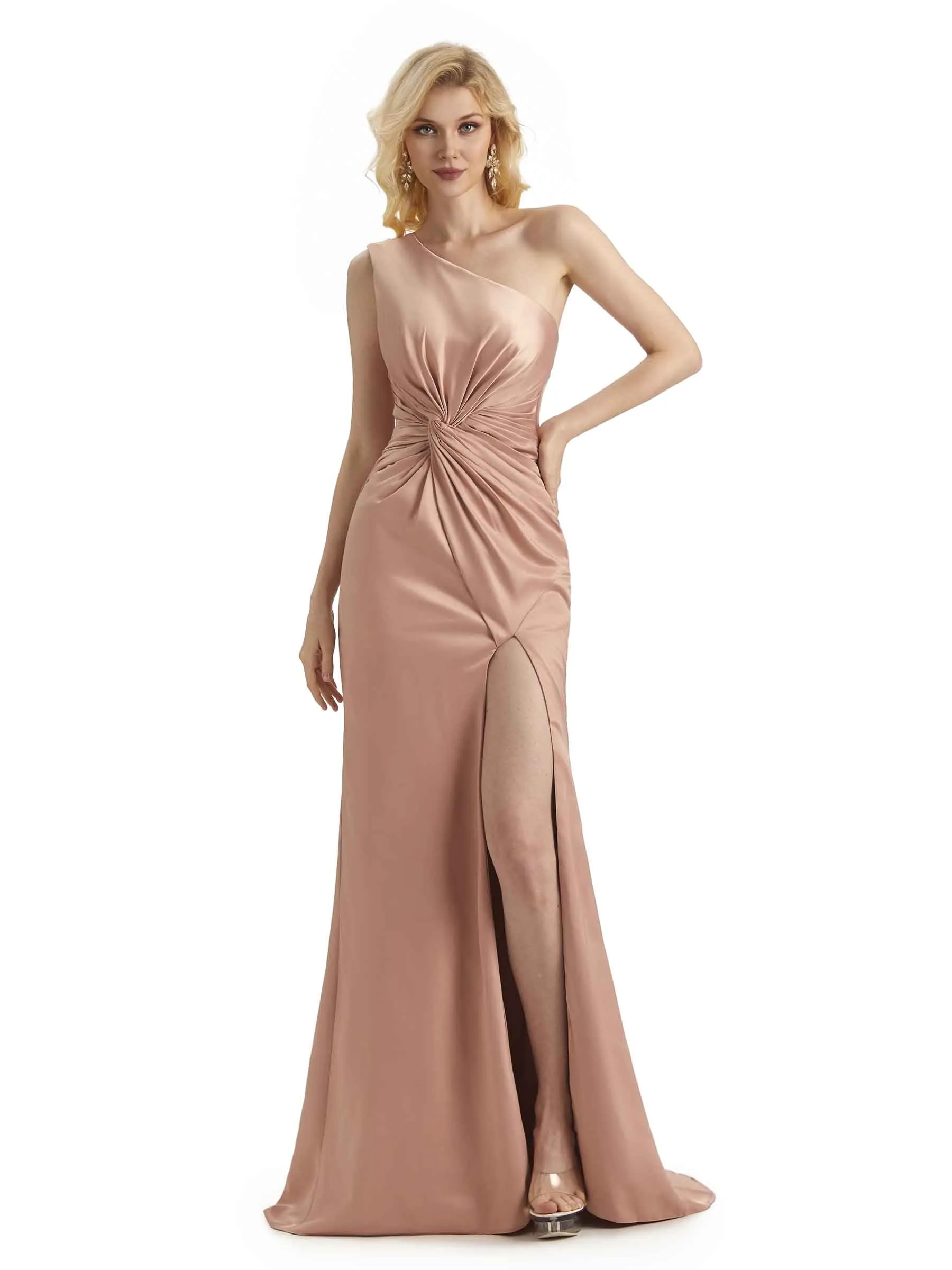 Sexy Soft Satin Side Slit One Shoulder Long Mermaid Bridesmaid Dresses Online sold by ChicSew