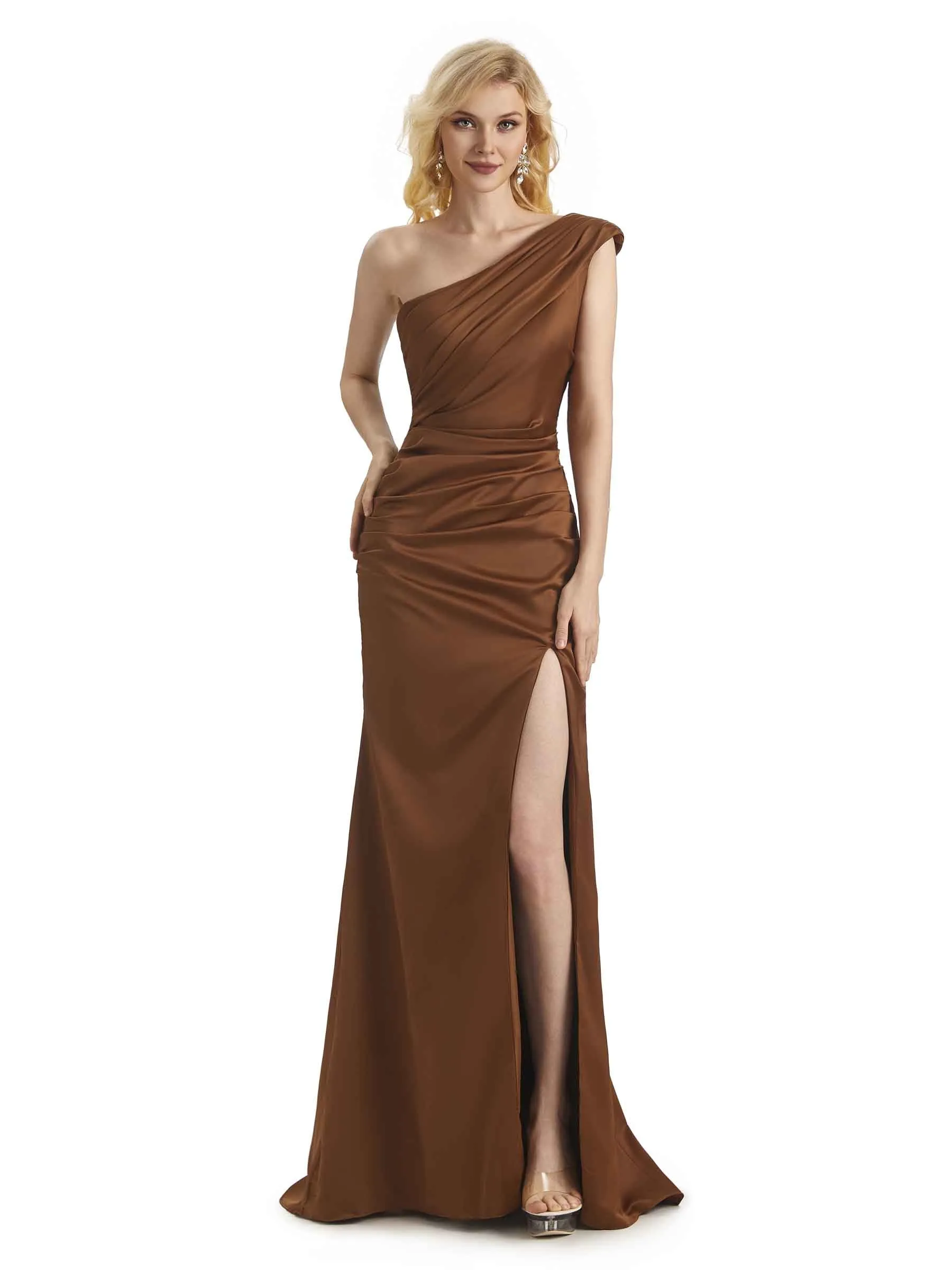 Elegant One Shoulder Soft Satin Side Slit Long Mermaid Bridesmaid Dresses Online sold by ChicSew