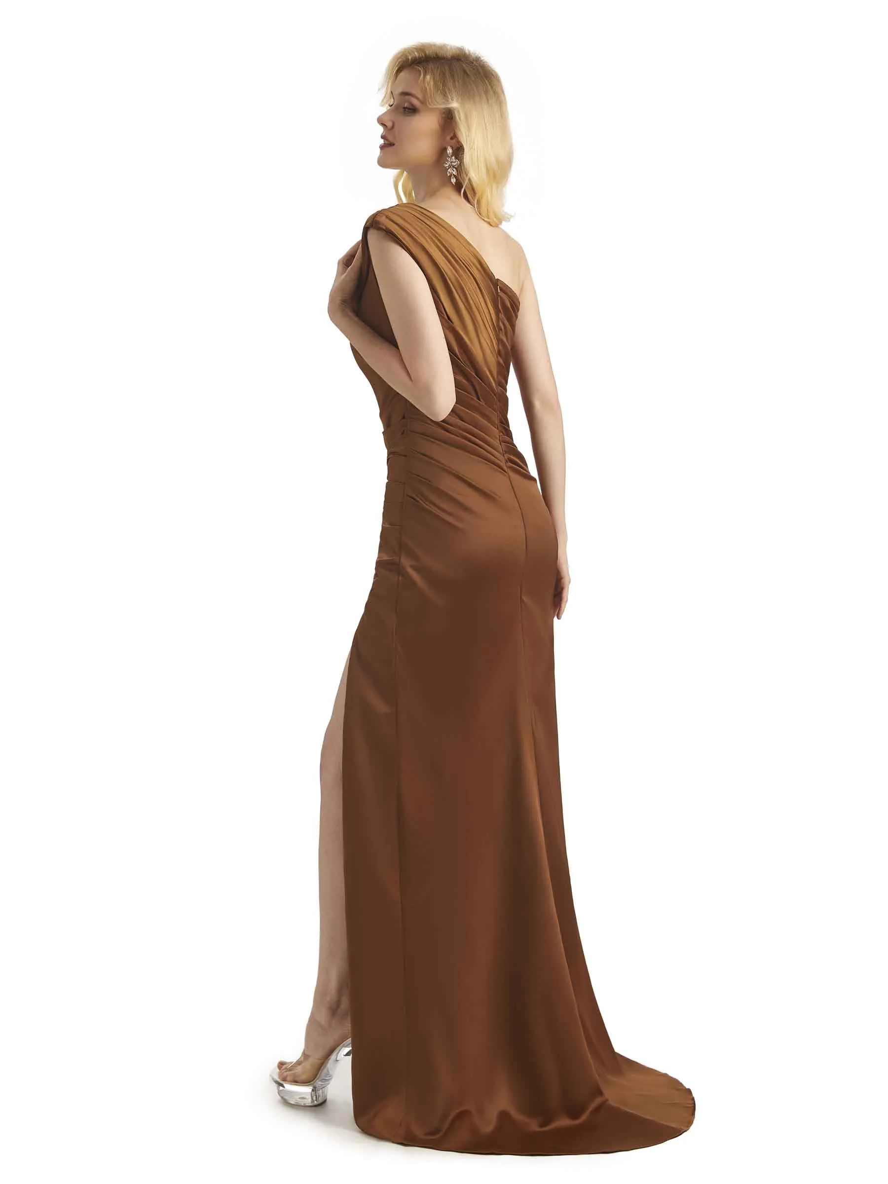 Elegant One Shoulder Soft Satin Side Slit Long Mermaid Bridesmaid Dresses Online sold by ChicSew product image thumbnail 3