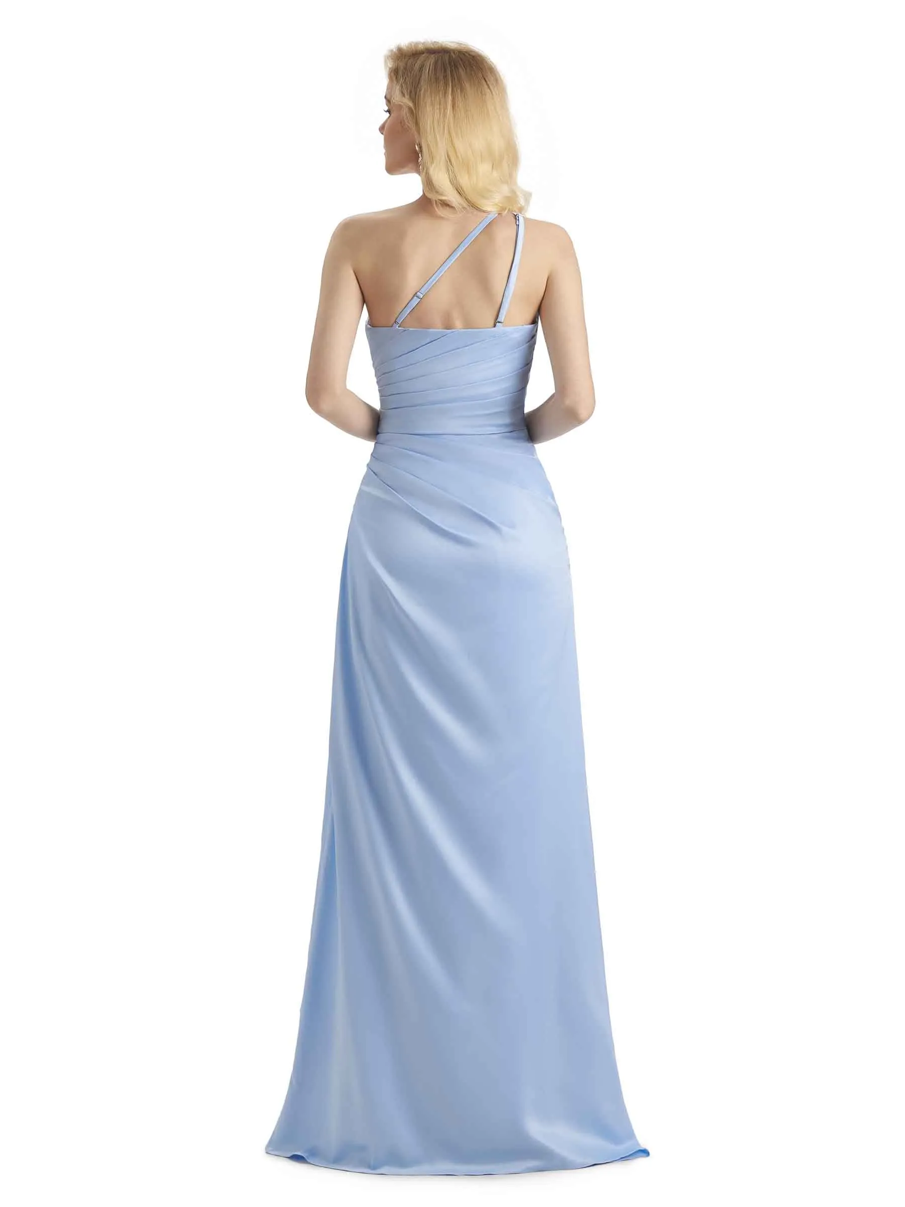 Sexy Soft Satin Side Slit One Shoulder Mermaid Long Bridesmaid Dresses Online sold by ChicSew product image thumbnail 3