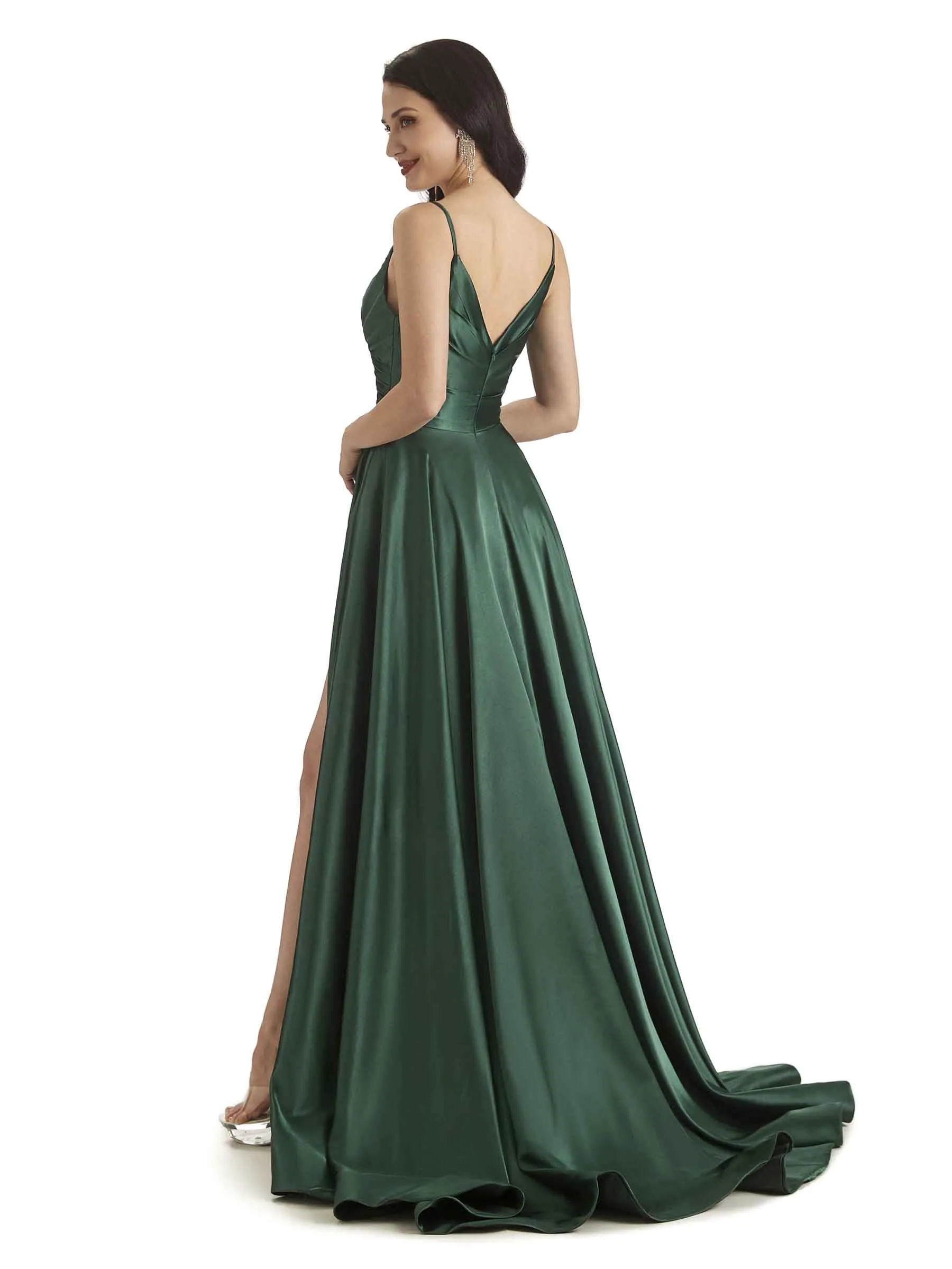 Sexy Soft Satin Side Slit Spaghetti Straps Long Bridesmaid Dresses Online sold by ChicSew product image thumbnail 5