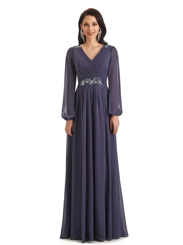Modern Chiffon Long Sleeves V-neck Long Mother of The Bride Dresses sold by ChicSew