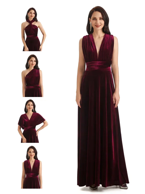 Convertible Sexy A-Line Velvet Long Bridesmaid Dresses Online sold by ChicSew