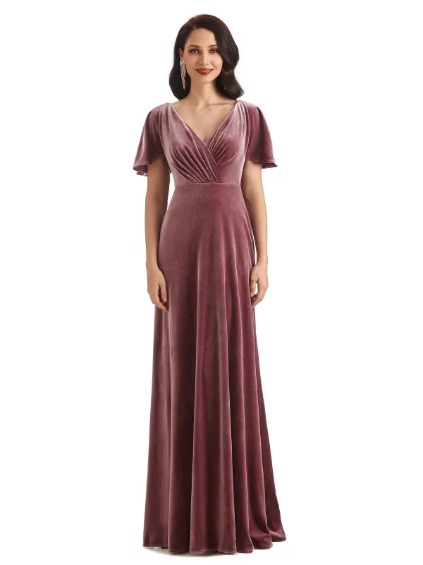 Sexy See Through V-neck Short Sleeves Velvet Long Bridesmaid Dresses Online sold by ChicSew