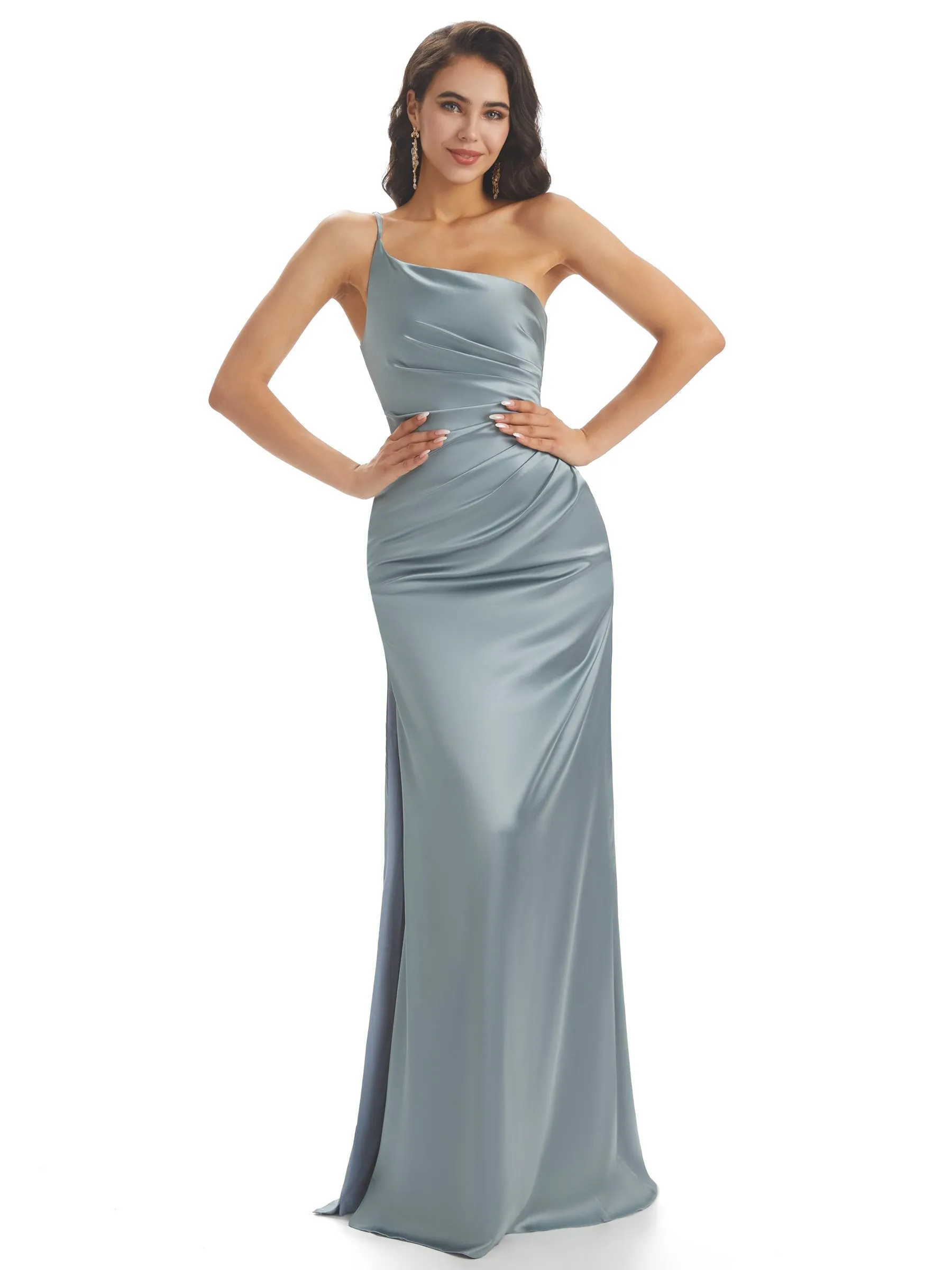 Simple Soft Satin One Shoulder Side Slit Mermaid Long Prom Dresses sold by ChicSew