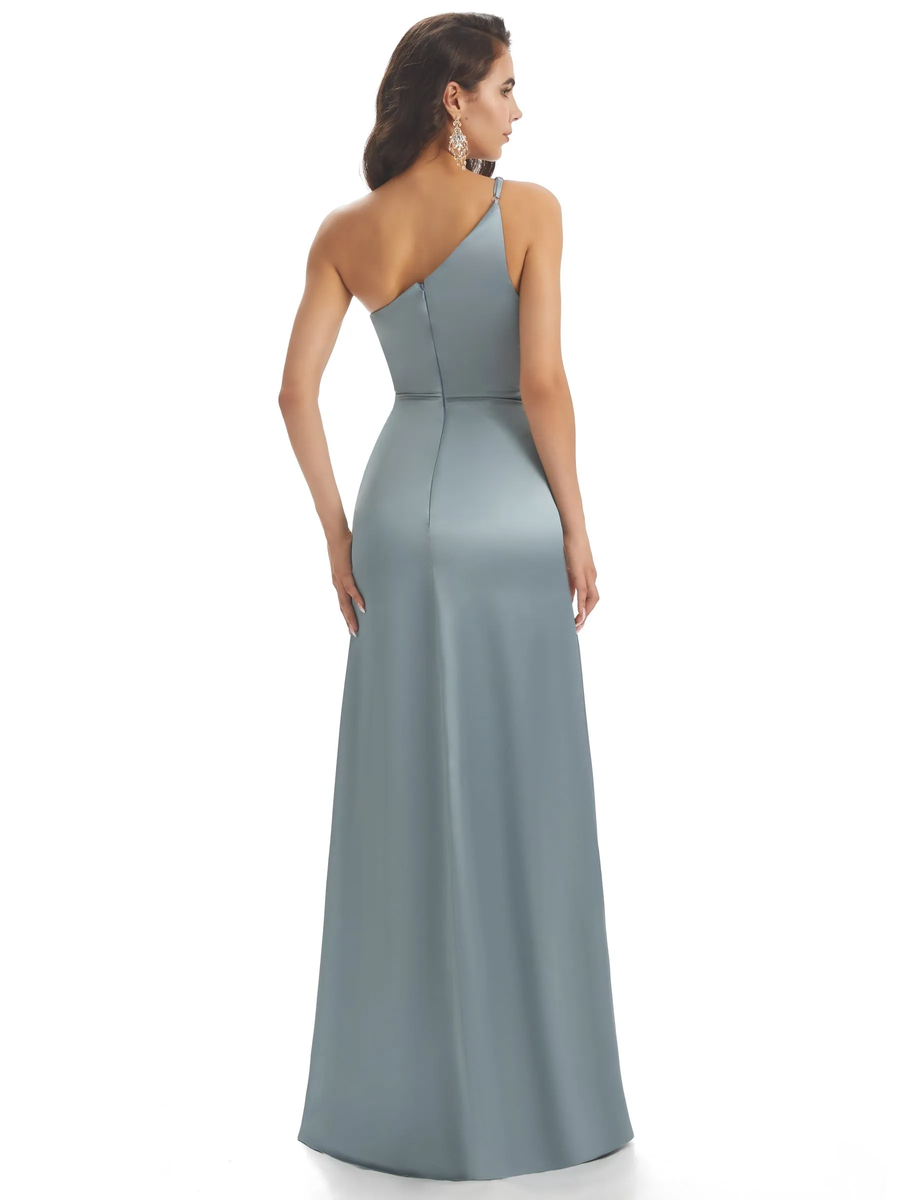 Simple Soft Satin One Shoulder Side Slit Mermaid Long Prom Dresses sold by ChicSew product image thumbnail 5
