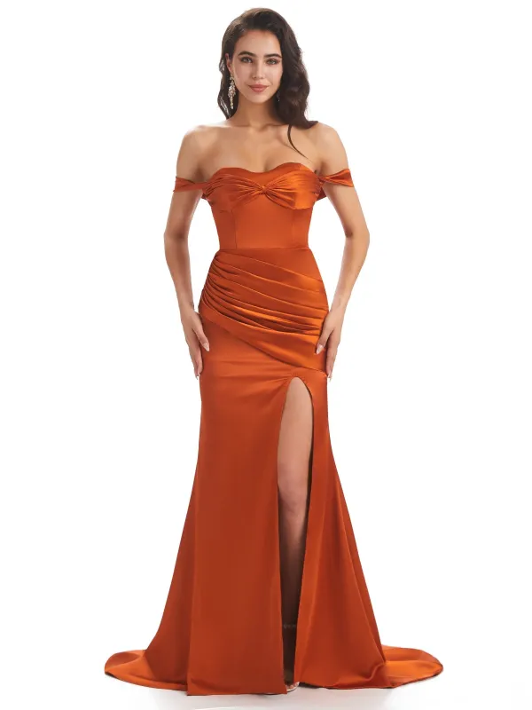 Sexy Side Slit Unique Satin Long Prom Dresses With Slit Off Shoulder sold by ChicSew