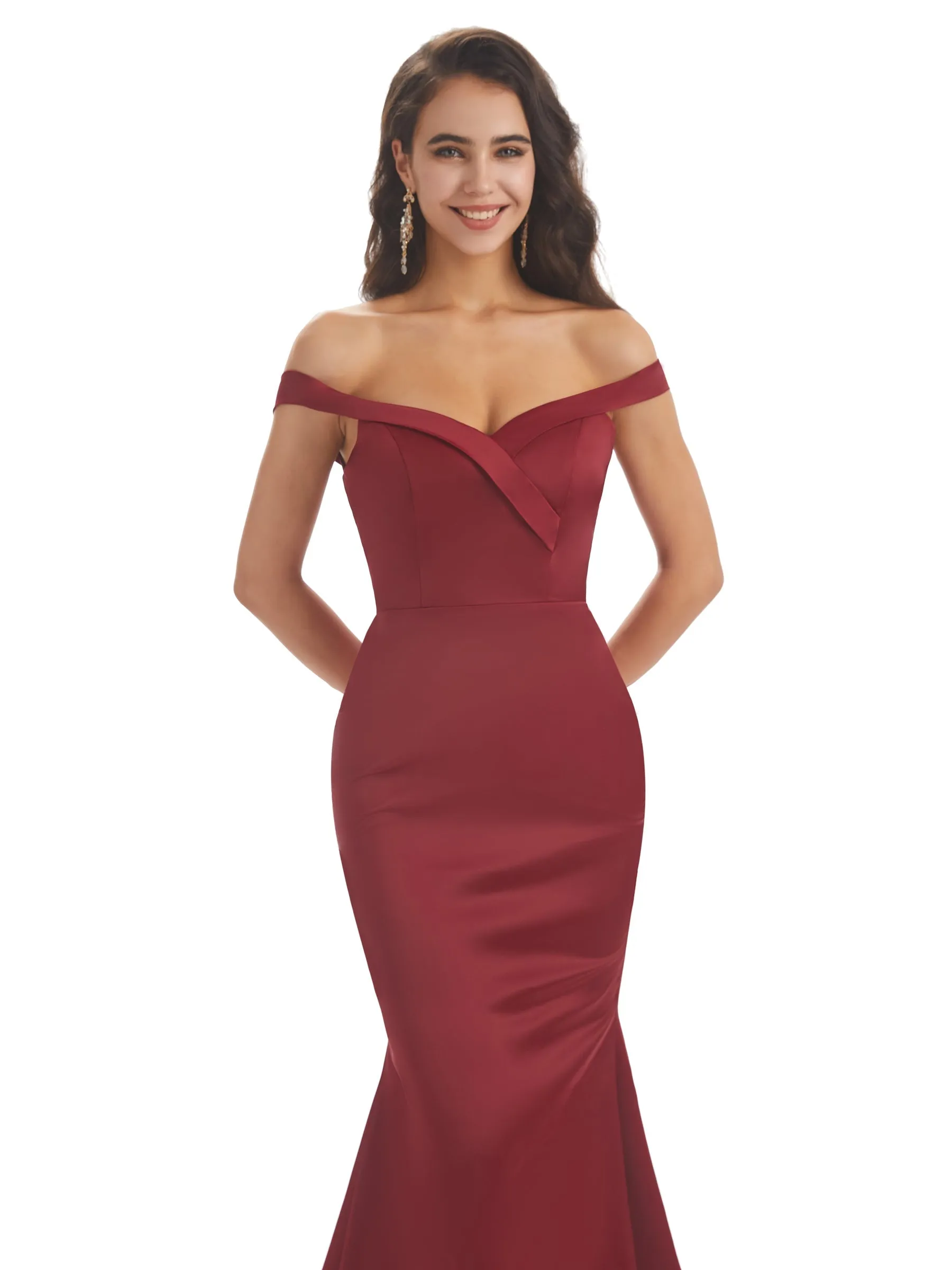 Elegant Off Shoulder Simple Satin Mermaid Long Prom Dresses Online sold by ChicSew product image thumbnail 2