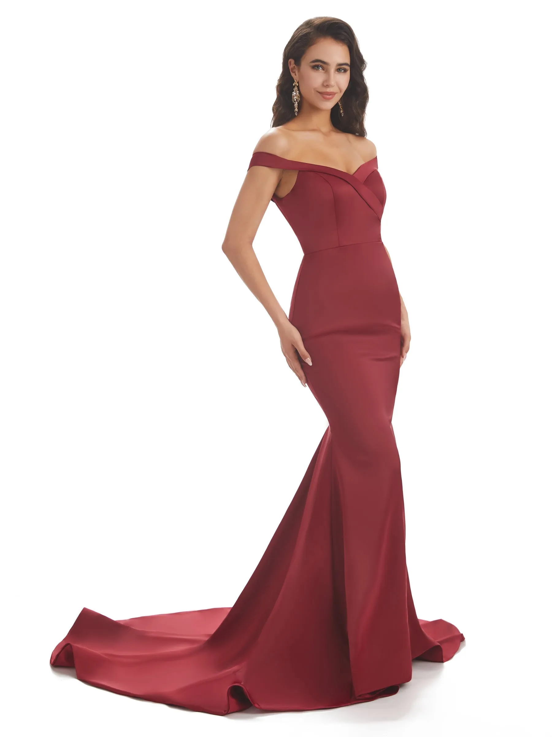 Elegant Off Shoulder Simple Satin Mermaid Long Prom Dresses Online sold by ChicSew