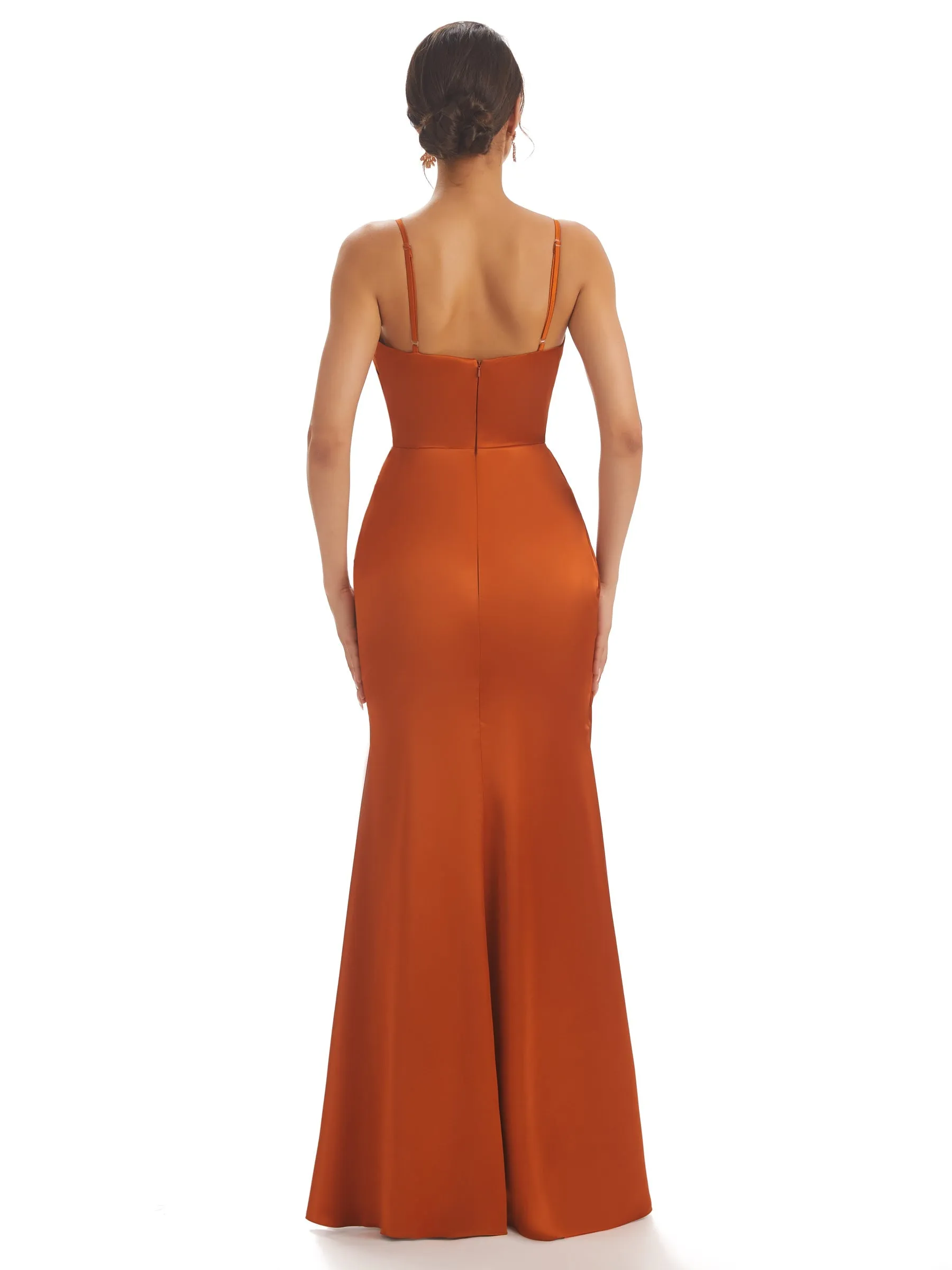 Sexy Spaghetti Straps Soft Satin Pleats Side Slit Mermaid Long Prom Dresses sold by ChicSew product image thumbnail 4