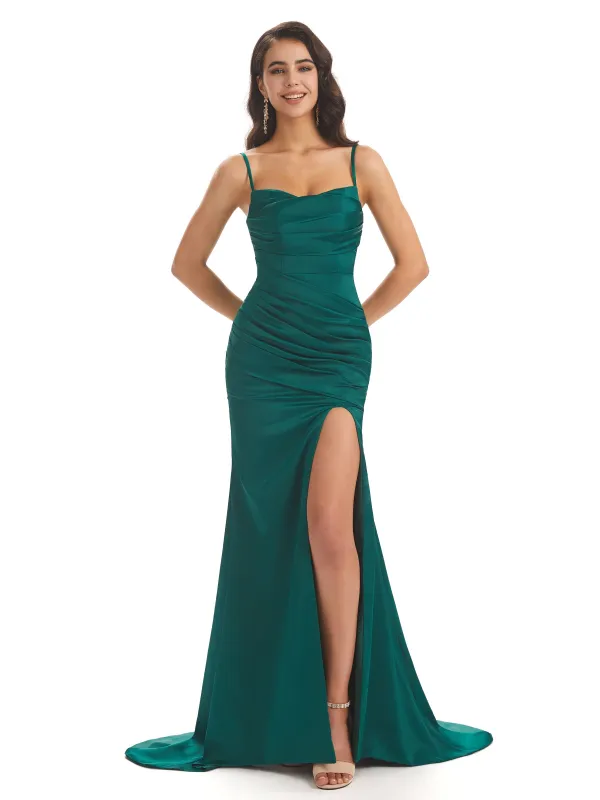 Sexy Mermaid Soft Satin Spaghetti Long Prom Dresses Online With Slit sold by ChicSew