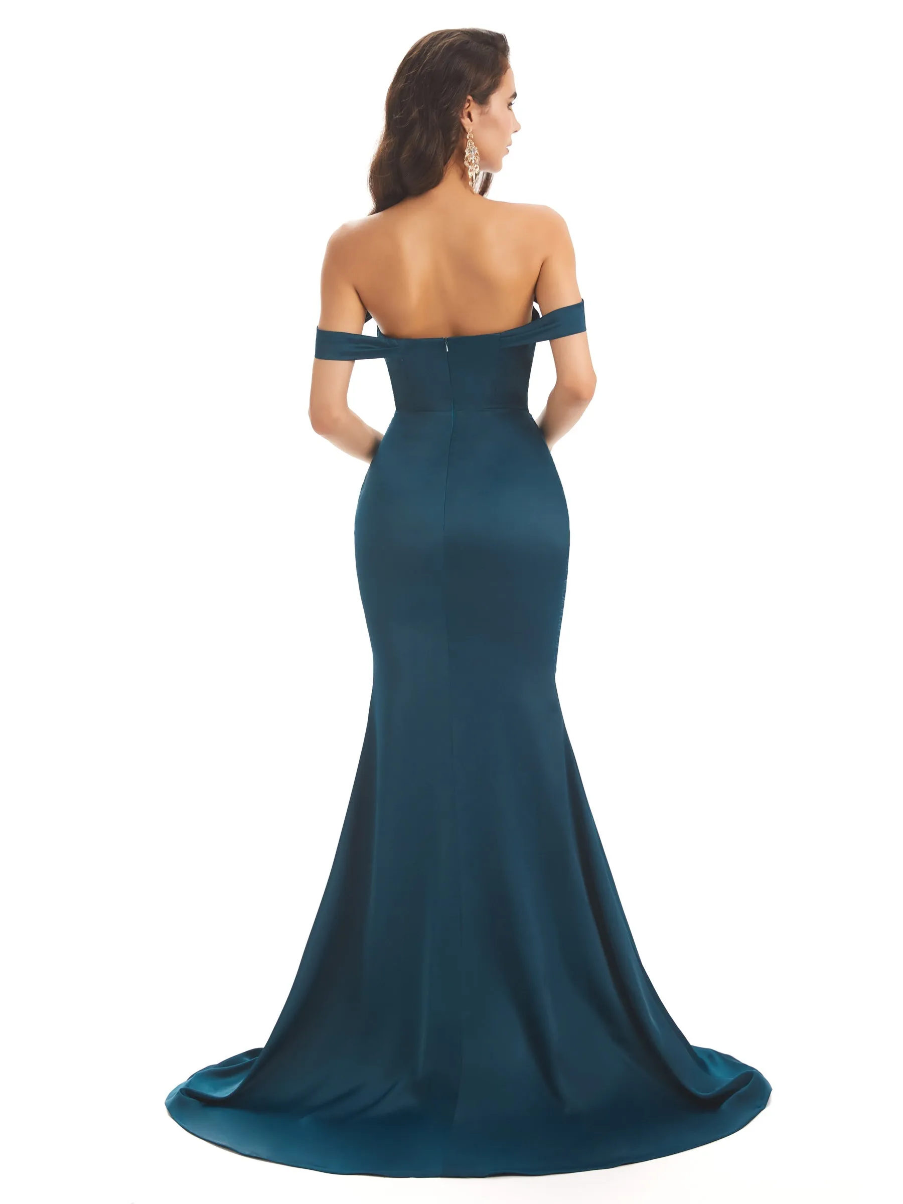 Soft Satin Off Shoulder Sexy Side Slit Long Mermaid Prom Dresses 2023 sold by ChicSew product image thumbnail 3