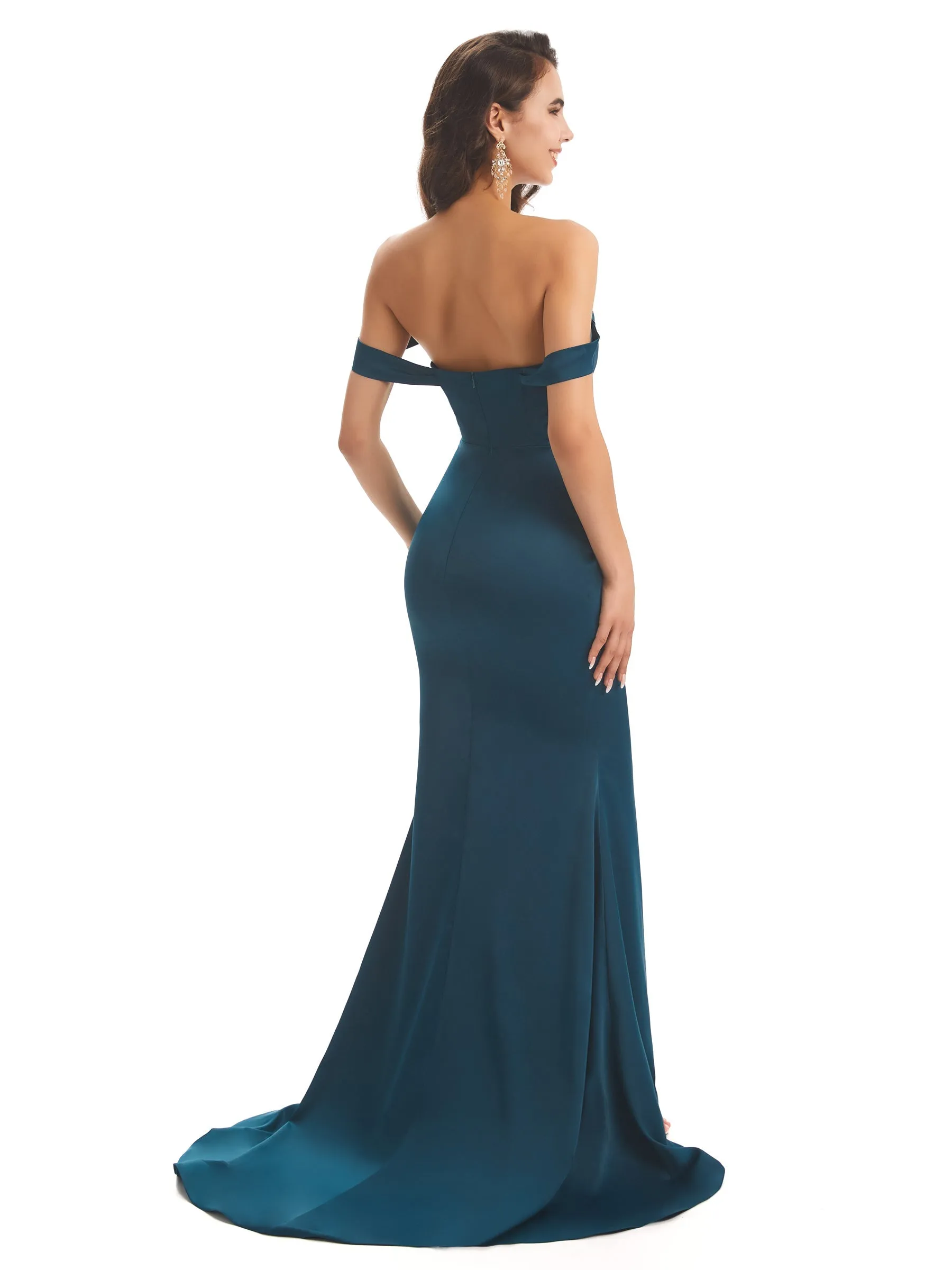 Soft Satin Off Shoulder Sexy Side Slit Long Mermaid Prom Dresses 2023 sold by ChicSew product image thumbnail 5
