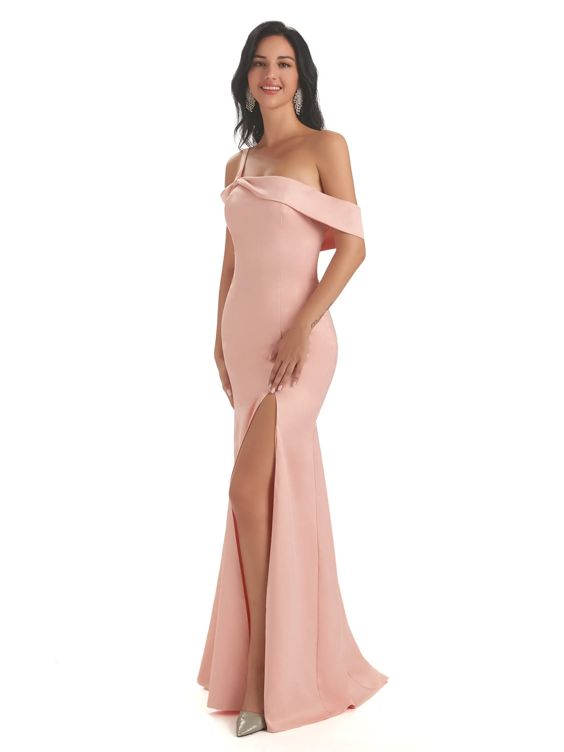 One Shoulder Soft Satin Side Slit Mermaid Long Prom Dresses Online sold by ChicSew product image thumbnail 5