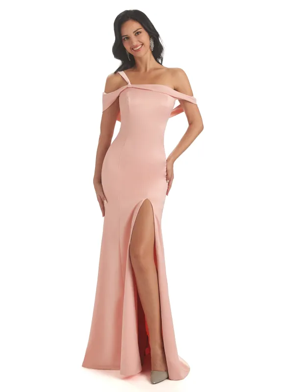 One Shoulder Soft Satin Side Slit Mermaid Long Prom Dresses Online sold by ChicSew
