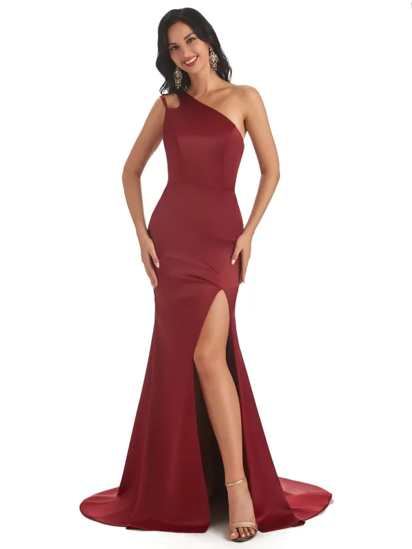 Sexy Soft Satin Side Slit One Shoulder Long Mermaid Prom Dresses sold by ChicSew