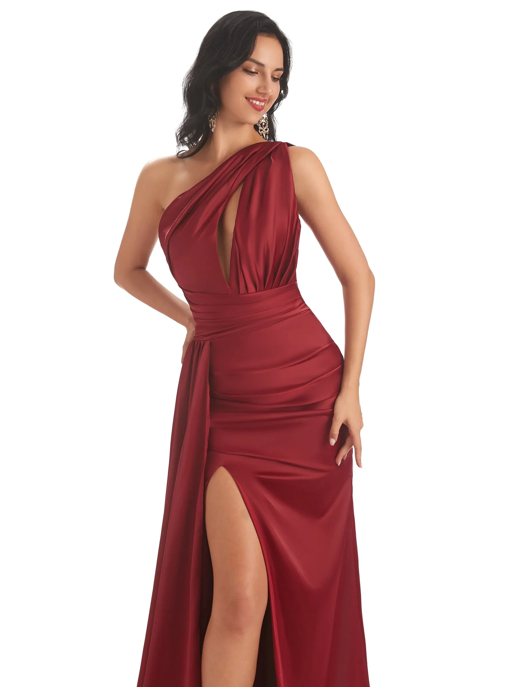 Sexy Soft Satin Side Slit One Shoulder Unique Mermaid Long Prom Dresses sold by ChicSew product image thumbnail 2