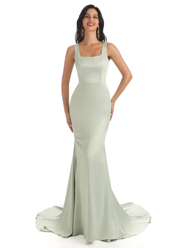 Soft Satin Unique Square Sleeveless Long Mermaid Prom Dresses Online made by ChicSew