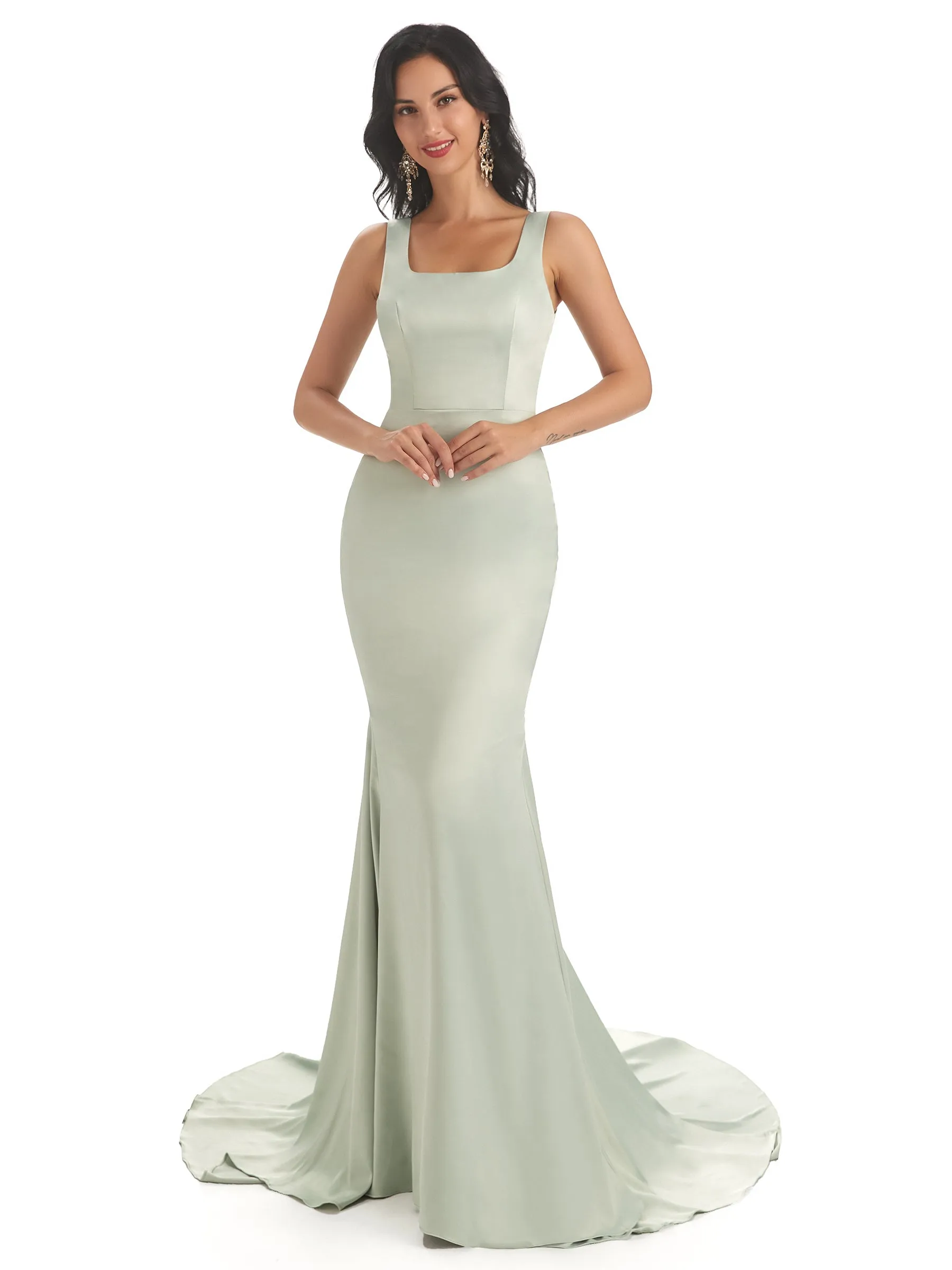 Soft Satin Unique Square Sleeveless Long Mermaid Prom Dresses Online sold by ChicSew product image thumbnail 5