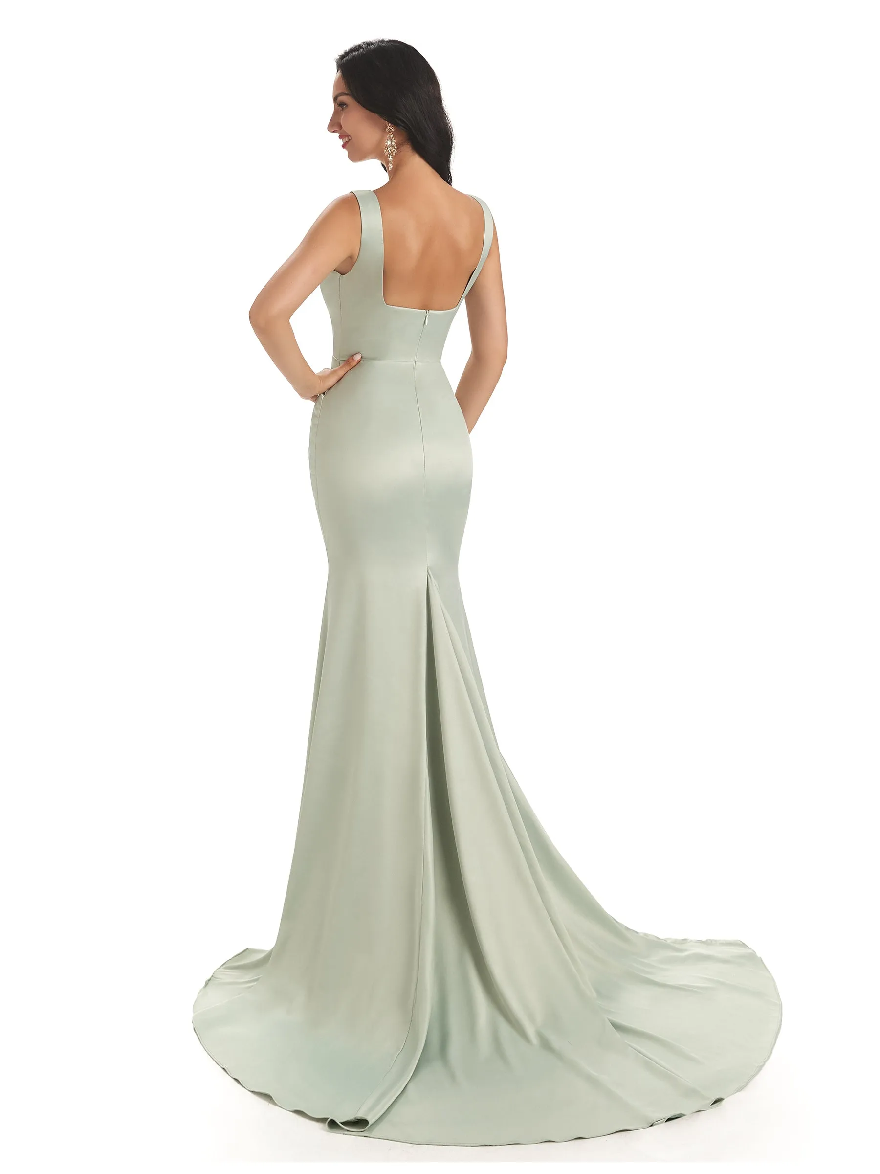 Soft Satin Unique Square Sleeveless Long Mermaid Prom Dresses Online sold by ChicSew product image thumbnail 3