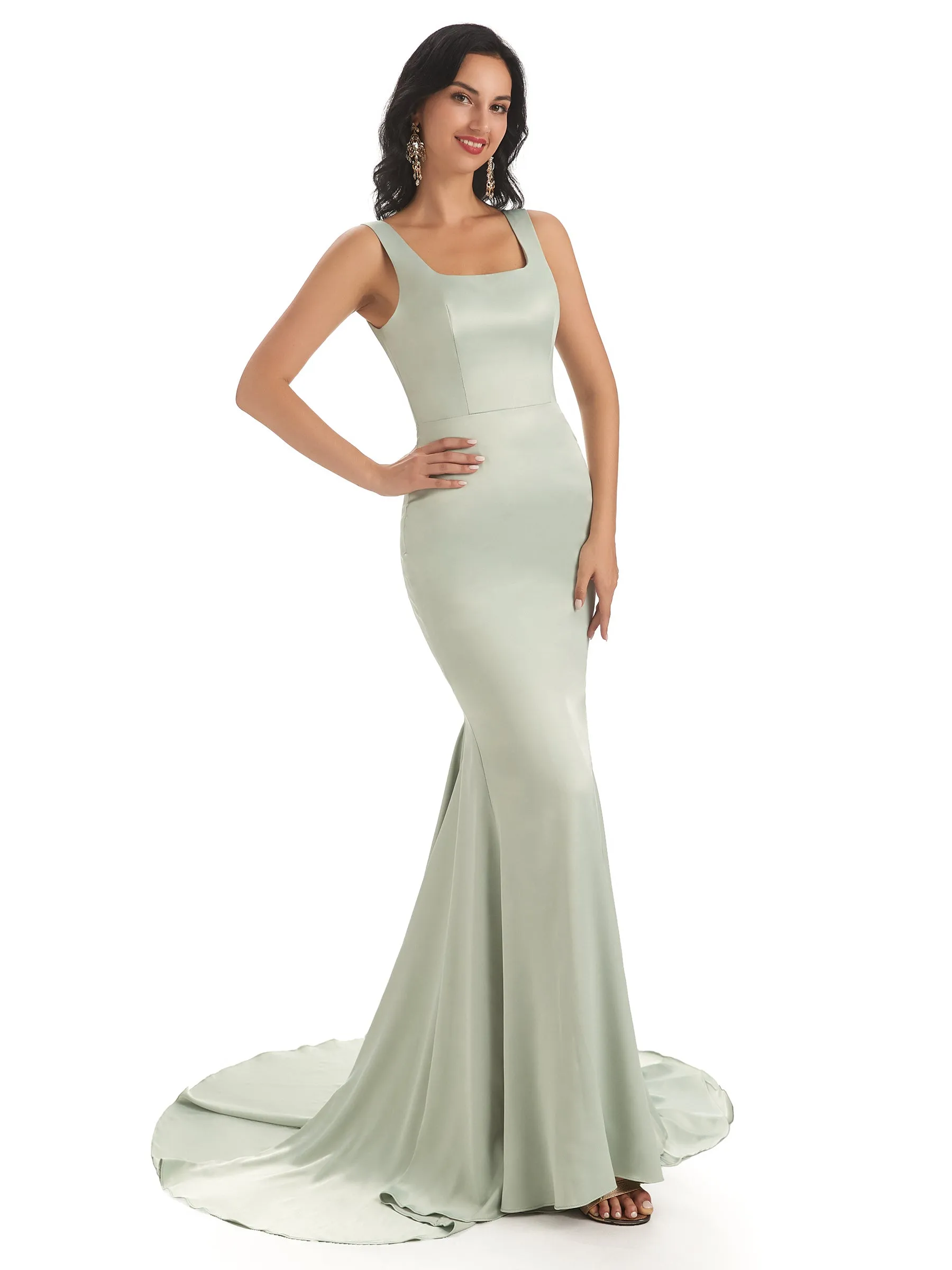 Soft Satin Unique Square Sleeveless Long Mermaid Prom Dresses Online sold by ChicSew product image thumbnail 4