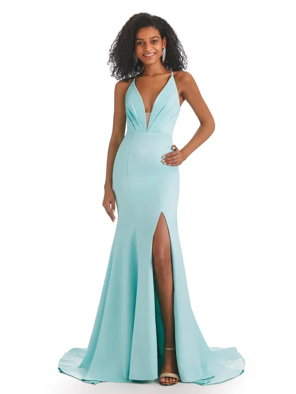 Sexy V-neck Side Slit Criss Cross Back Soft Satin Long Mermaid Prom Dresses sold by ChicSew