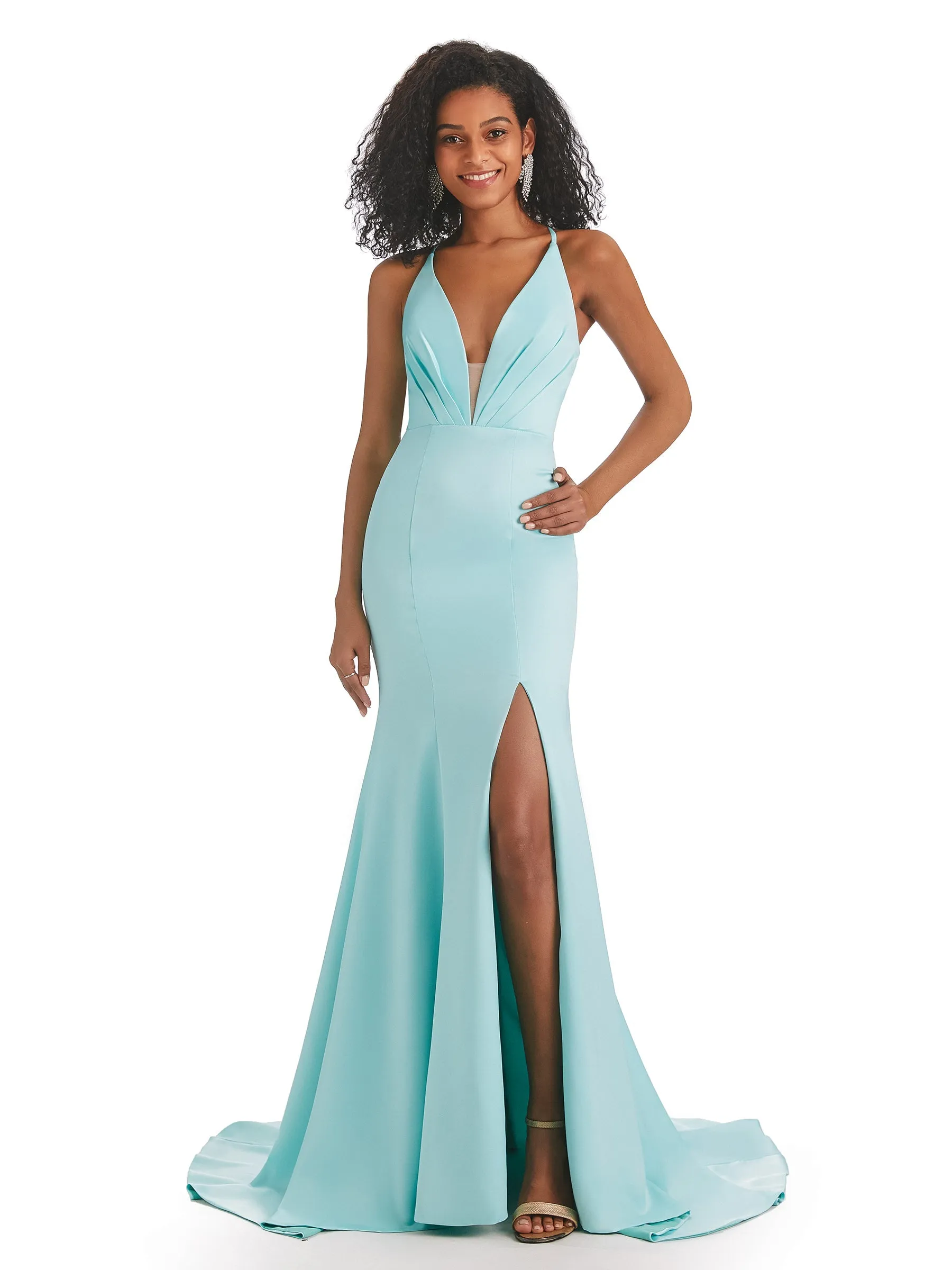 Sexy V-neck Side Slit Criss Cross Back Soft Satin Long Mermaid Prom Dresses sold by ChicSew