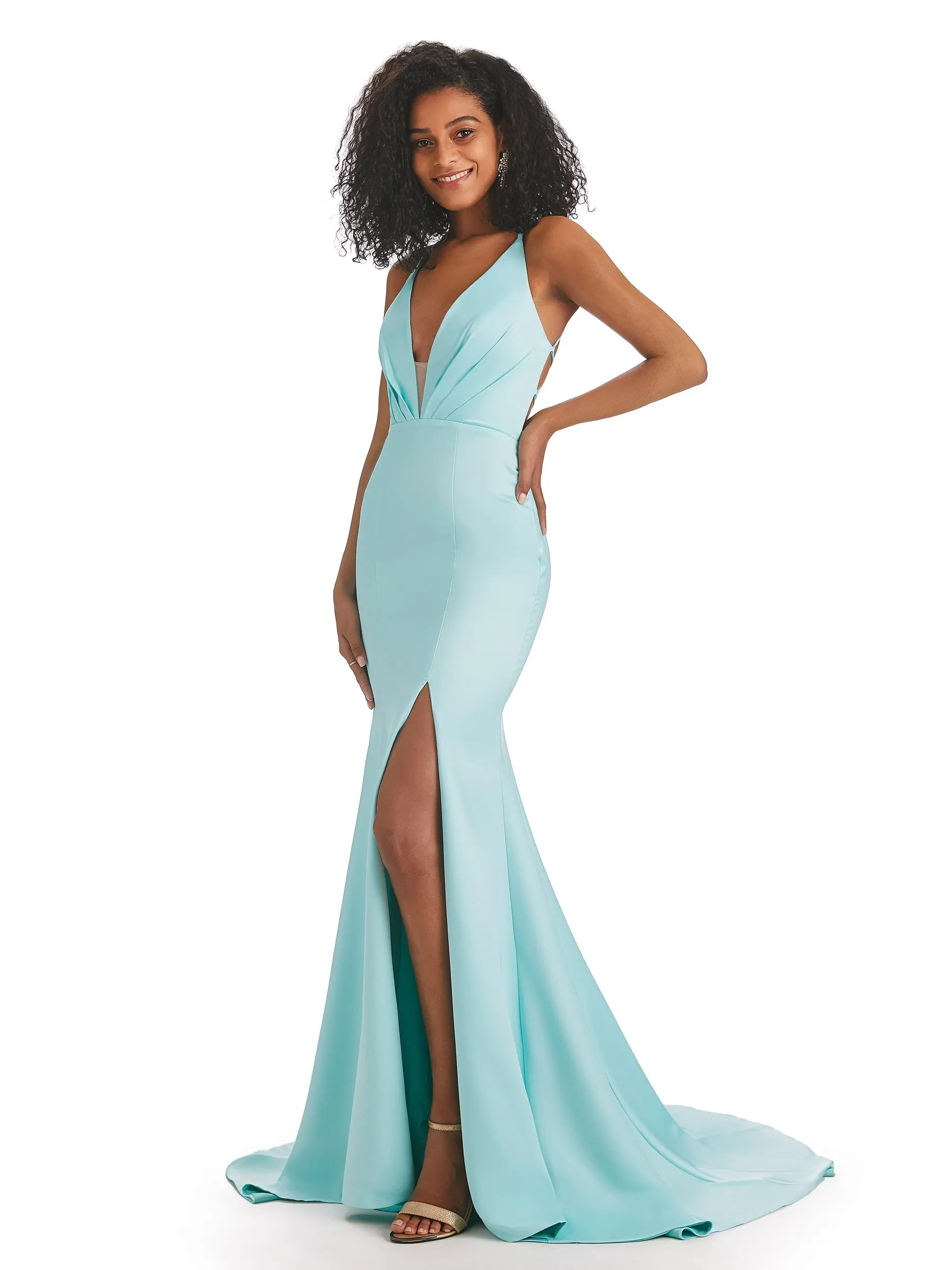 Sexy V-neck Side Slit Criss Cross Back Soft Satin Long Mermaid Prom Dresses sold by ChicSew product image thumbnail 5
