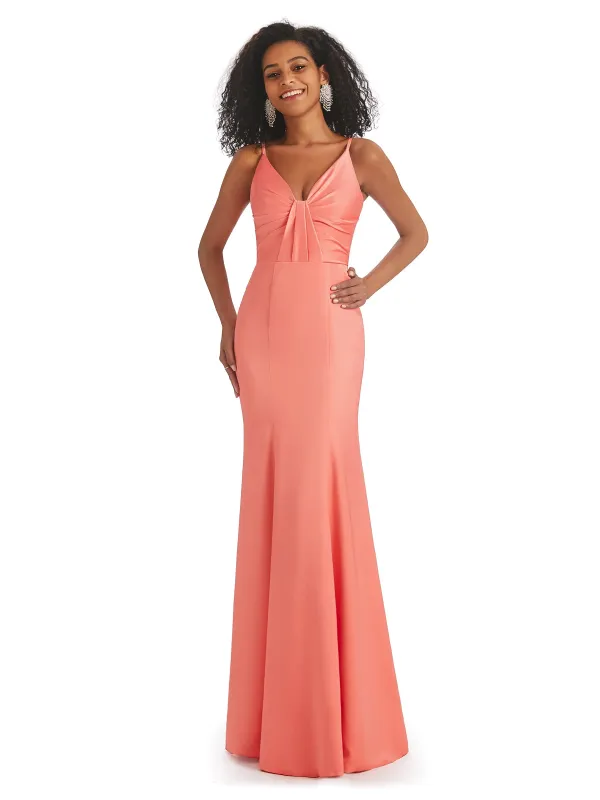 Sexy Soft Satin Spaghetti Straps V Neck Long Mermaid Prom Dresses Online sold by ChicSew