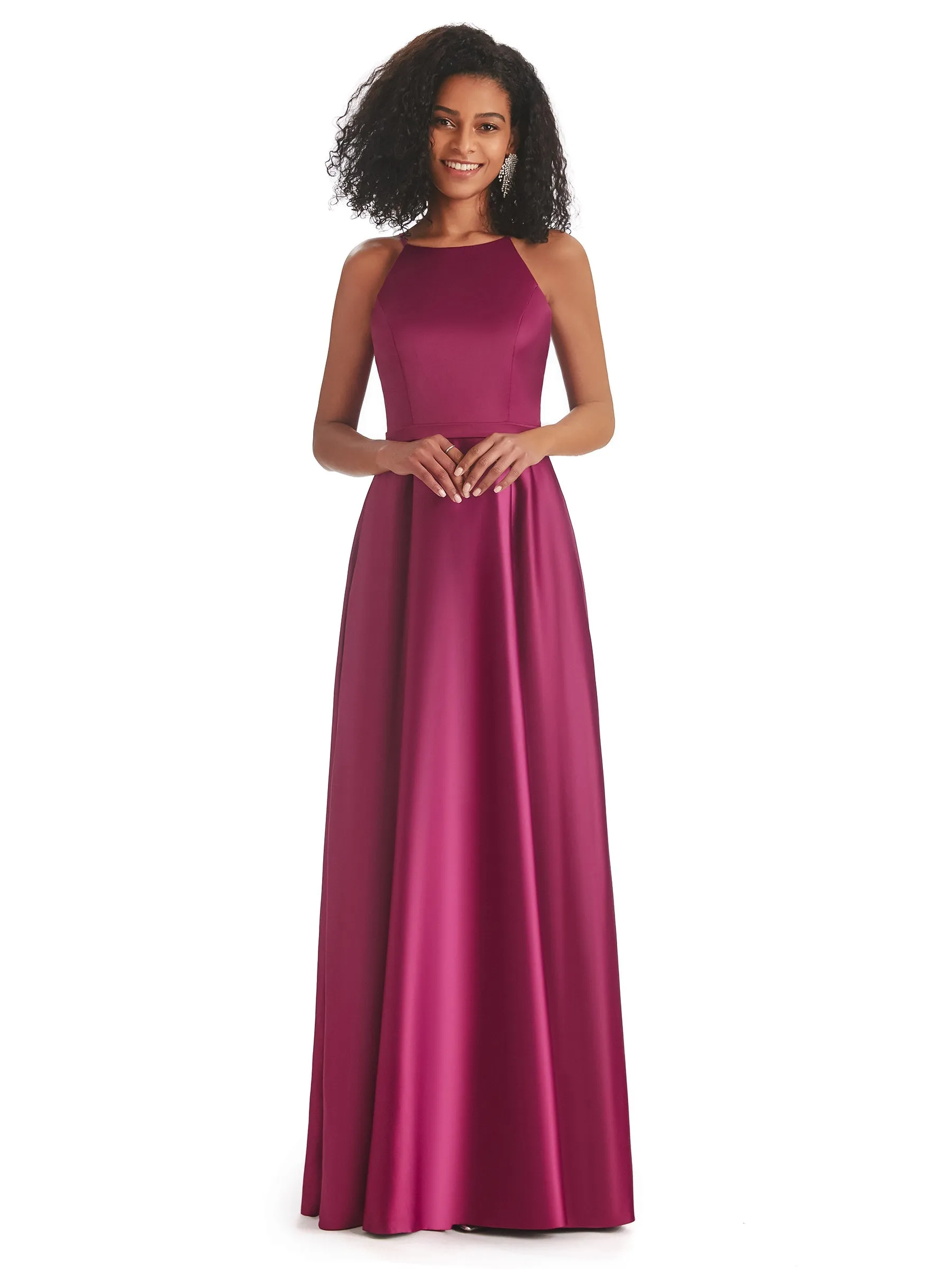 Elegant Satin A-line Halter Long A-line Maxi Prom Dresses Online sold by ChicSew
