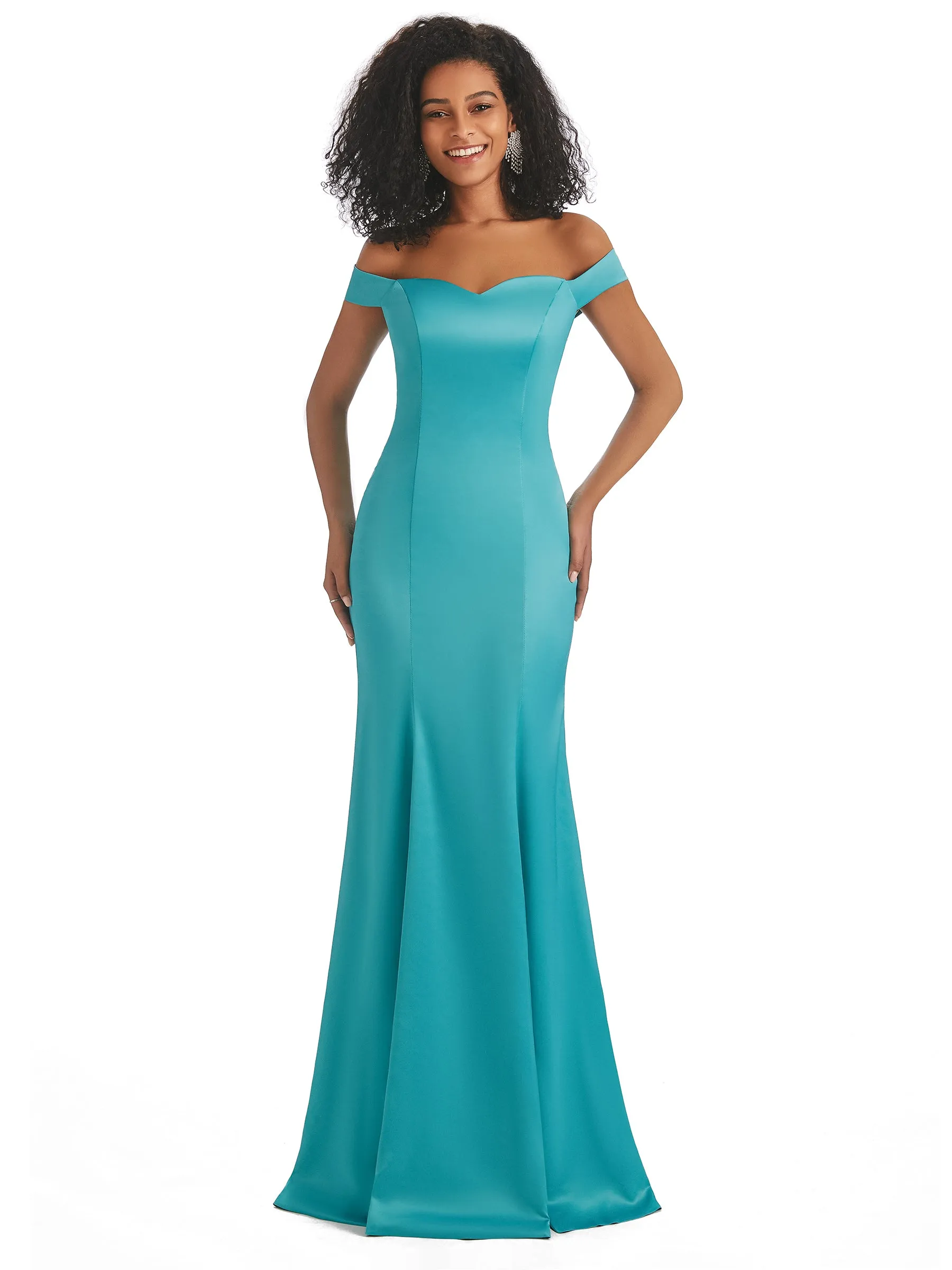 Simple Off Shoulder Mermaid Maxi Long Satin Prom Dresses Online sold by ChicSew