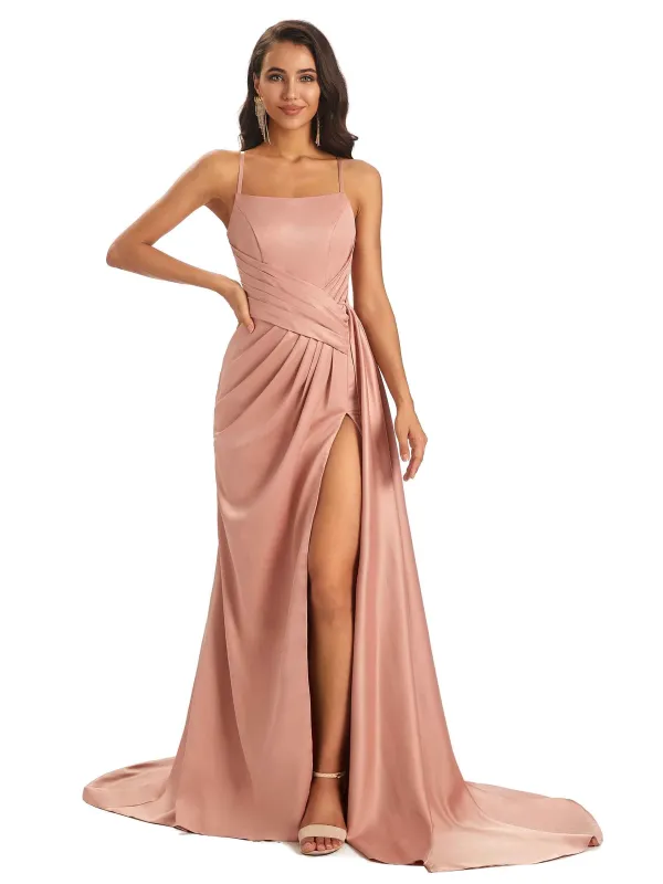 Sexy Soft Satin Side Slit Spaghetti Straps Long A-line Prom Dresses Online sold by ChicSew