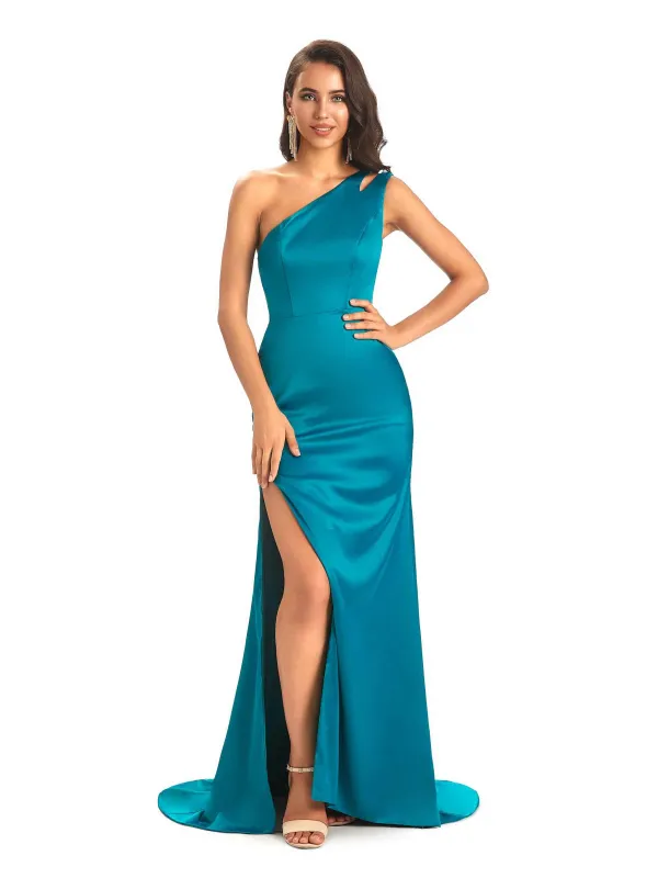 Sexy Soft Satin Side Slit One Shoulder Long Mermaid Prom Dresses Online sold by ChicSew