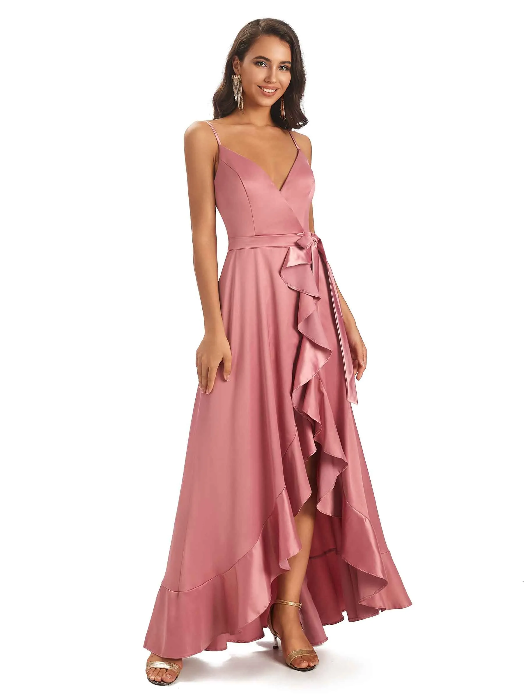 Spaghetti Straps Asymetric Soft Satin Wrap V-neck High Low Prom Dresses sold by ChicSew product image thumbnail 4