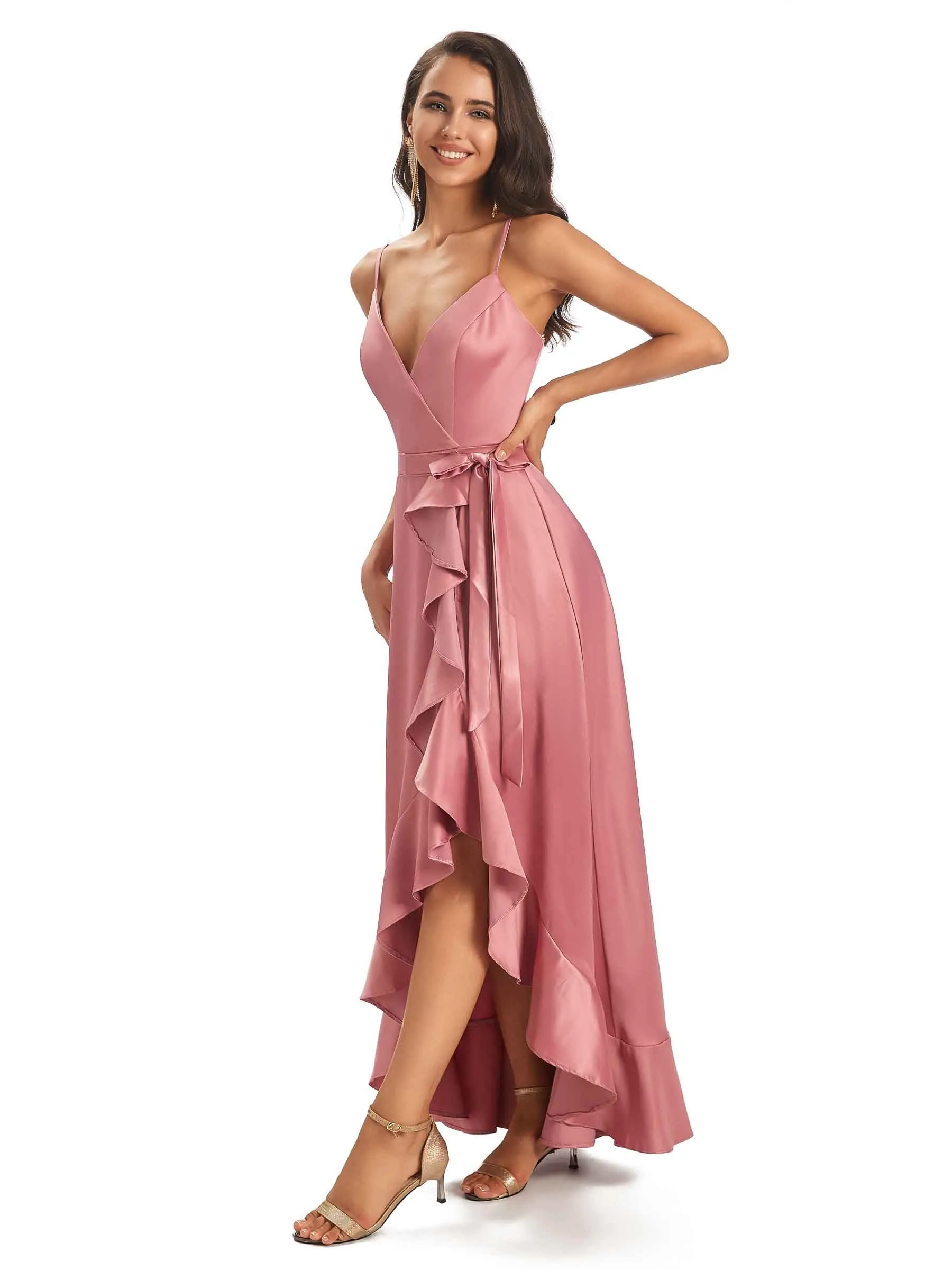 Spaghetti Straps Asymetric Soft Satin Wrap V-neck High Low Prom Dresses sold by ChicSew product image thumbnail 5