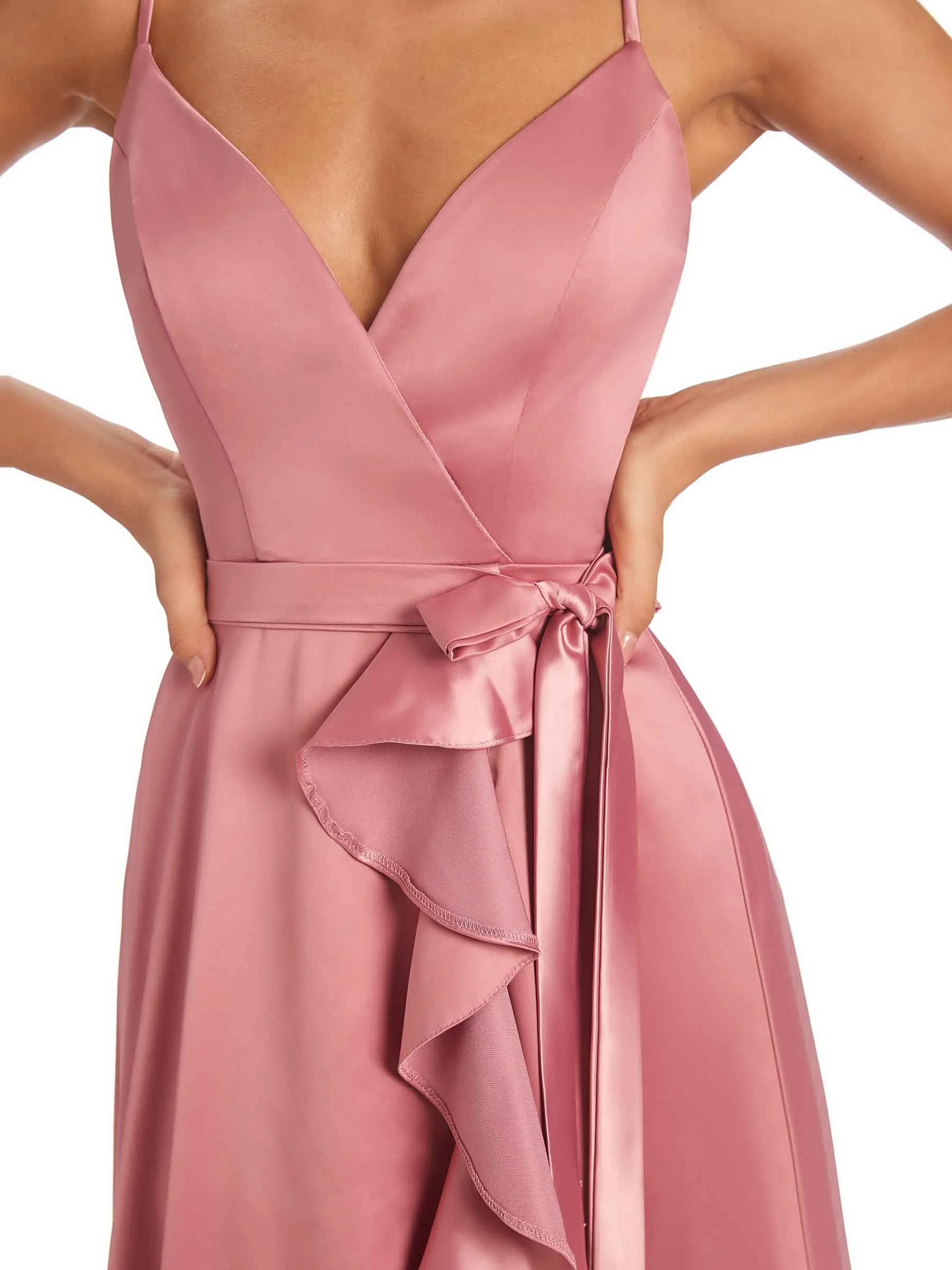 Spaghetti Straps Asymetric Soft Satin Wrap V-neck High Low Prom Dresses sold by ChicSew product image thumbnail 2